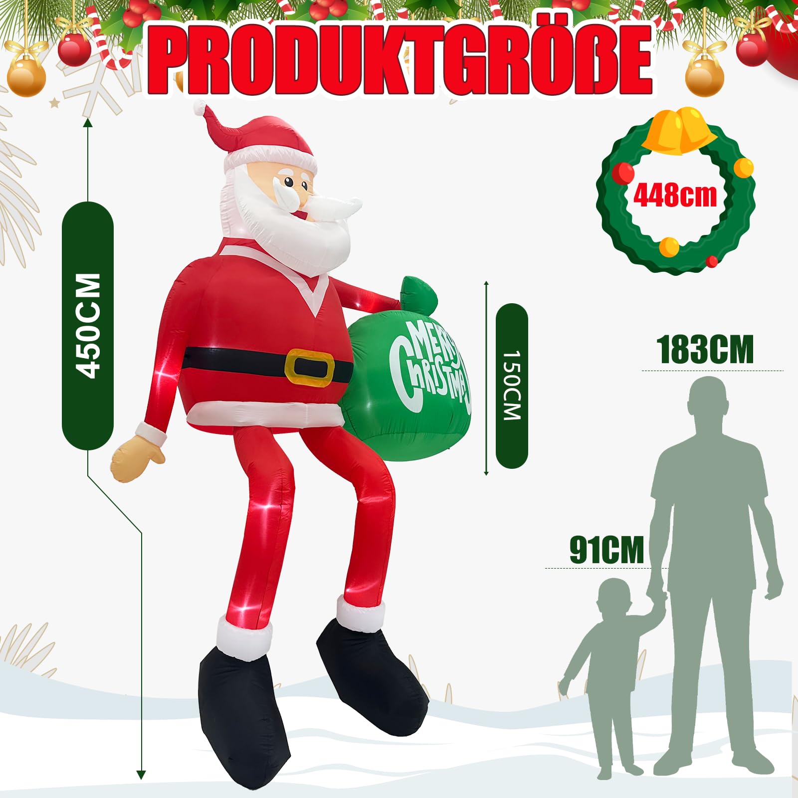 450 cm Santa Claus trepa la pared con regalos, gran decoración navideña