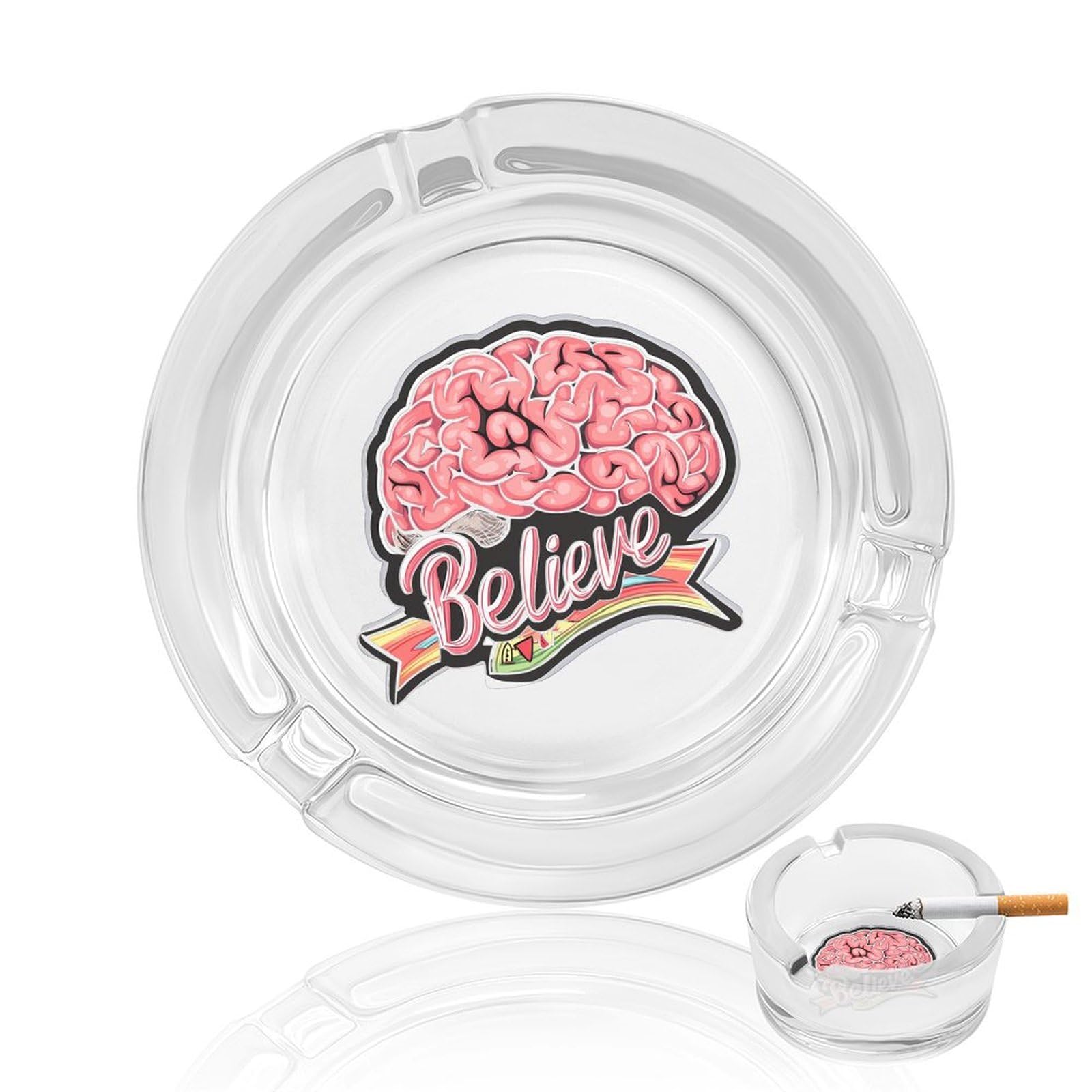 Believe-Brain-Cancer Ashtray Portable Round Glass Outdoor Ash Tray for Home Office Garden Pub