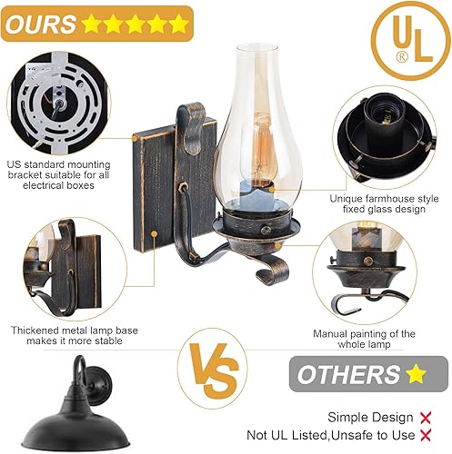 Miniatura 4 de Juego de 2 apliques de pared, apliques de pared de bronce aceitado para interiores, lámparas de pared rústicas retro con vidrio ámbar, apliques de