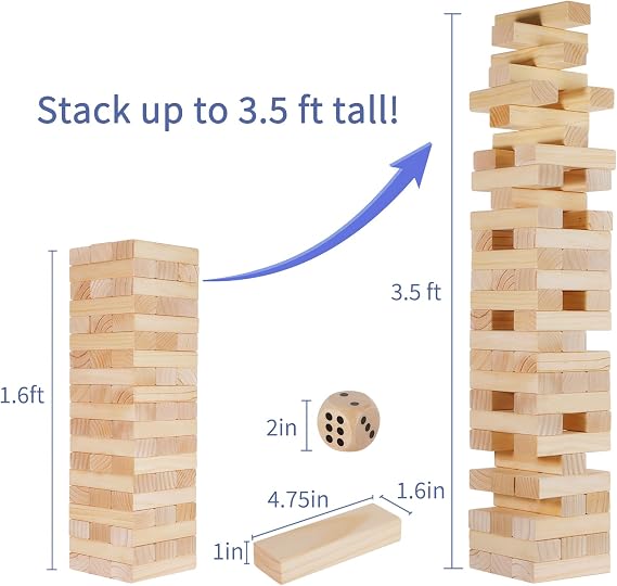 SpeedArmis Giant Tumble Tower, 56 Pcs Wooden Stacking Game 3.5Ft Family