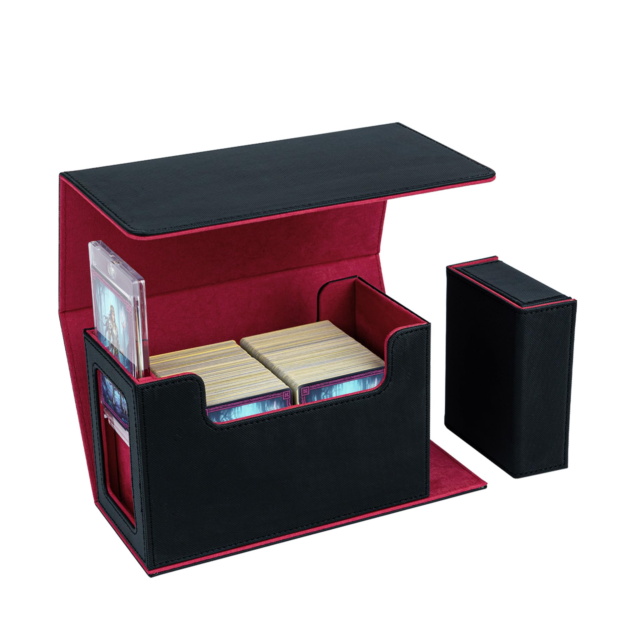 Mcbazel Red Card Deck Box For 35Pt Magnetic Card Holder,Card Deck Holder With Display Window For 200Pcs Mtg/Tcg Cards,Pu Leather Deck Box Storage Case