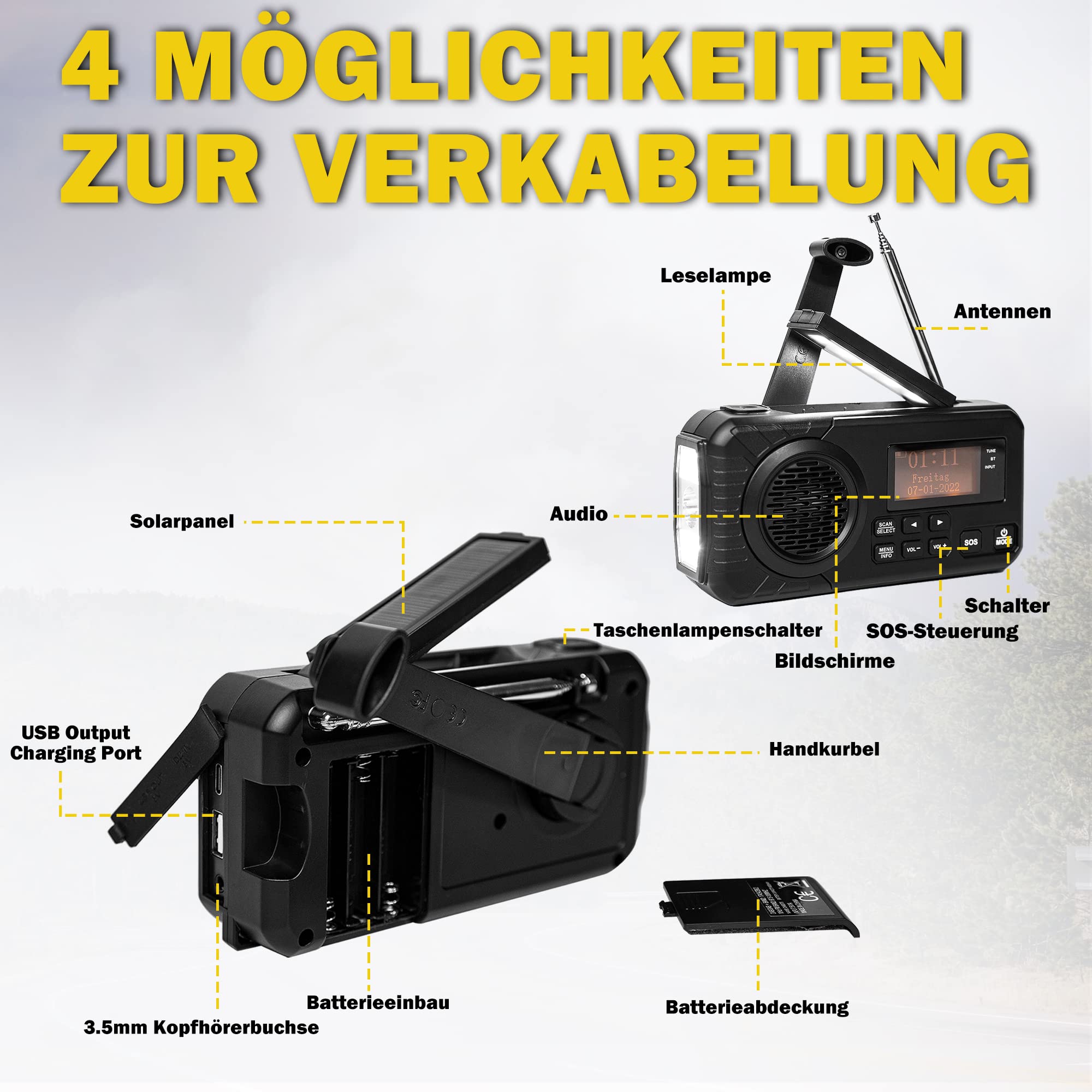 Radio Digitale DAB/FM Batteria da 4000mAh Radio di Emergenza Solare con Funzione di Ricarica Mobile USB Radio da Campeggio con Torcia a LED Lampada da Lettura Allarme SOS Manovella Portatile