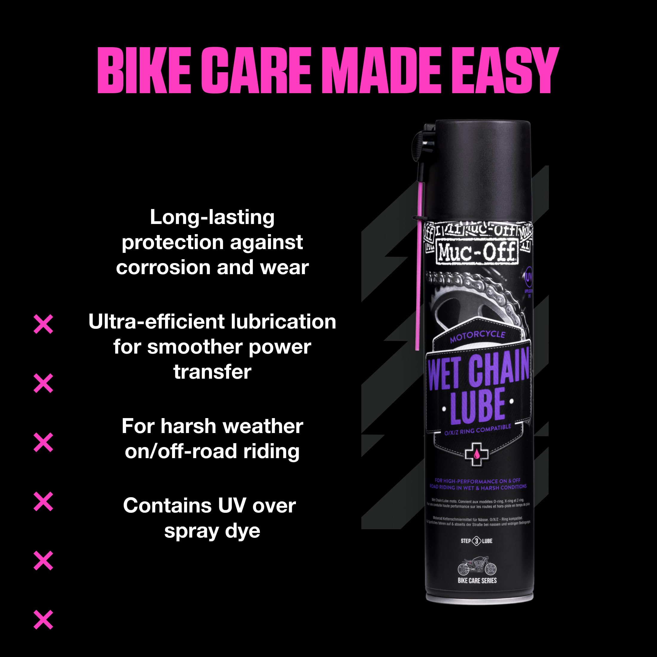 Muc-Off Wet Motorcycle Chain Lube, 400 ml - Grasso Catena Moto Spray di Alta Qualità - Lubrificante Catena Moto Formulato per Condizioni Atmosferiche Umide