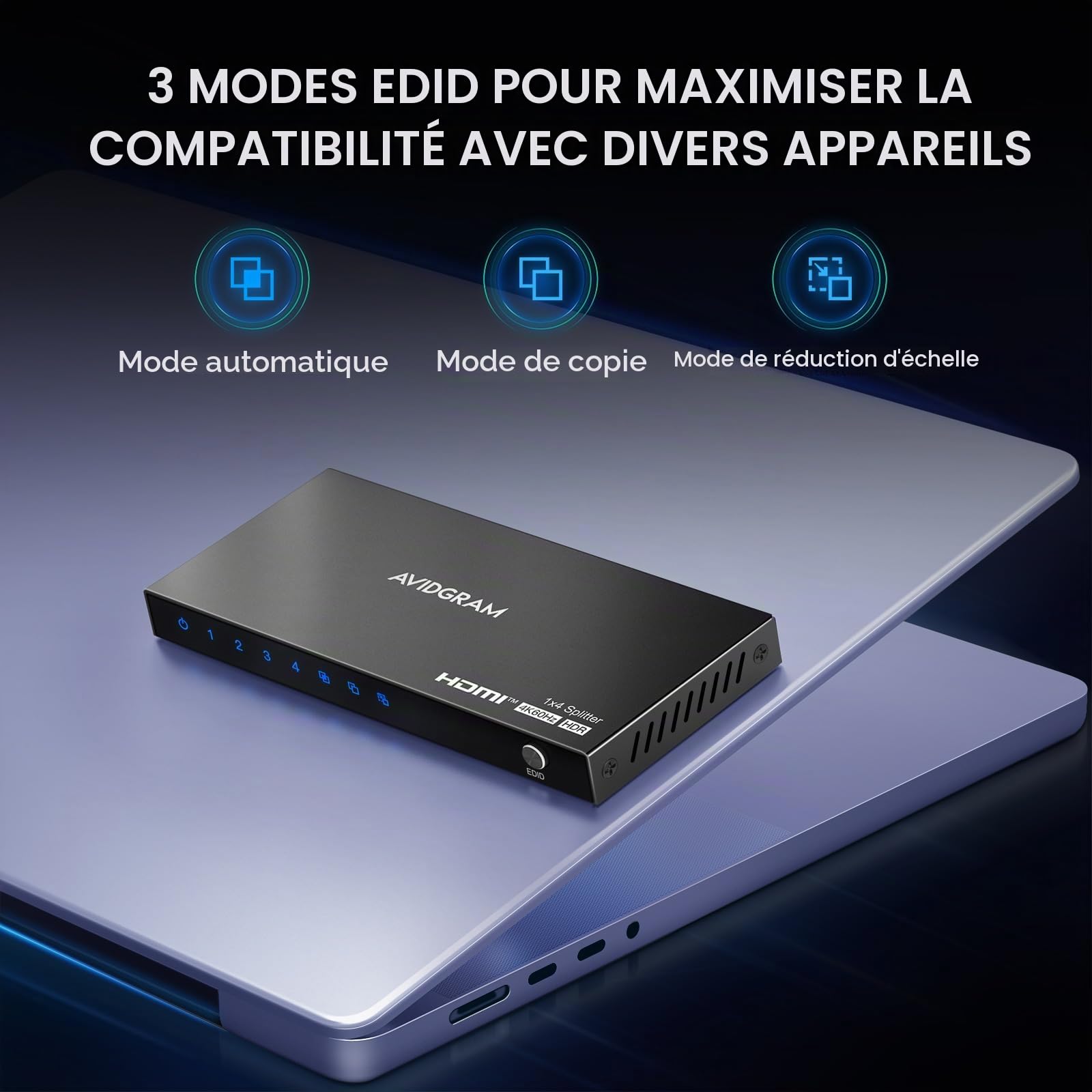 HDMI Splitter 1 in 4 Out 4K 60Hz 4:4:4, AVIDGRAM Répartiteur HDMI 4 Sorties avec Copy, Downscaler et Auto Mode pour Double Affichage identique Soutien1080p 120Hz HDMI2.0 HDCP 2.2 HDR10 18Gbps 3D