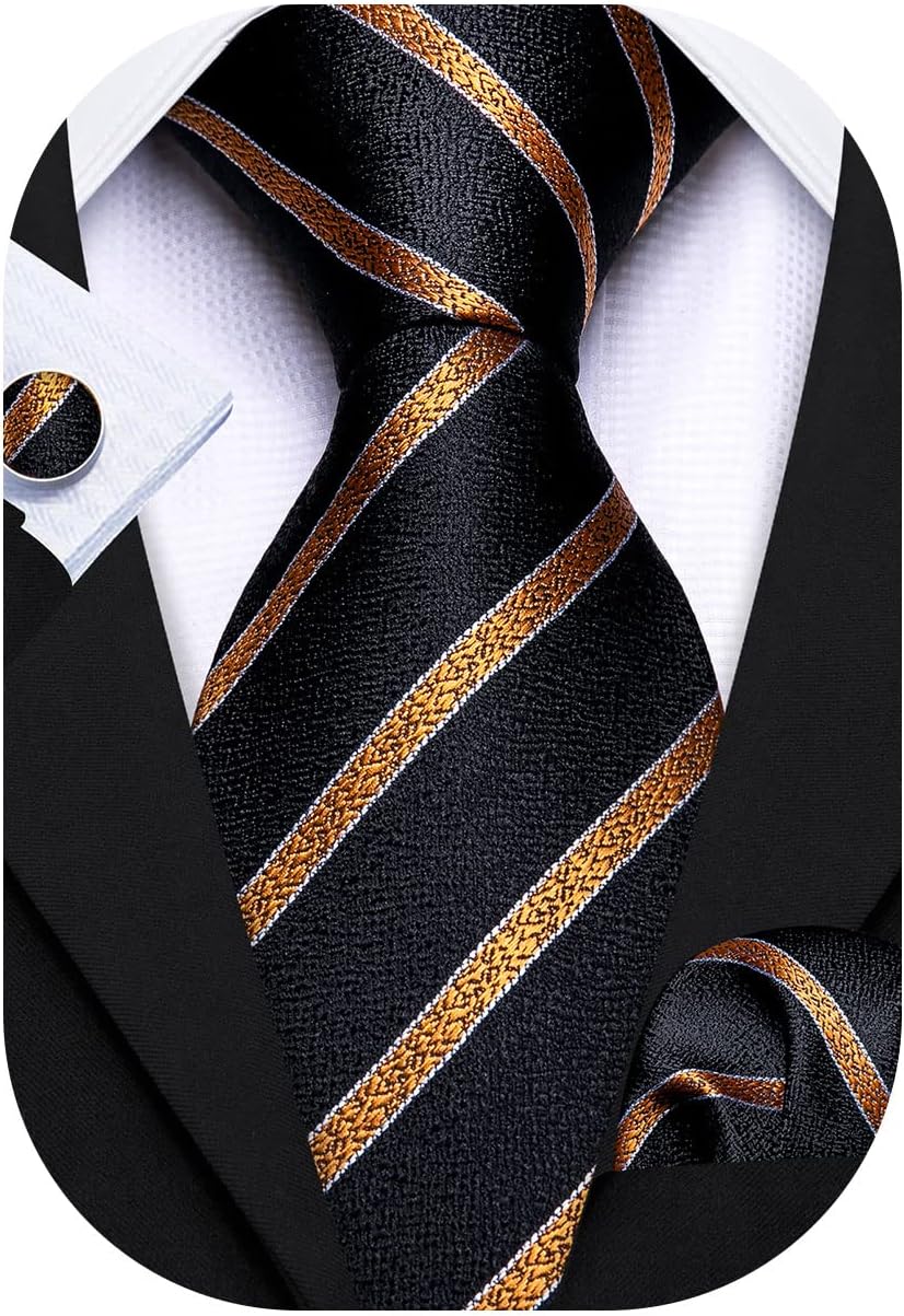 Tie Sets for Men Silk Stripe Necktie Woven Checkered Handkerchief Cufflinks Formal Business Wedding