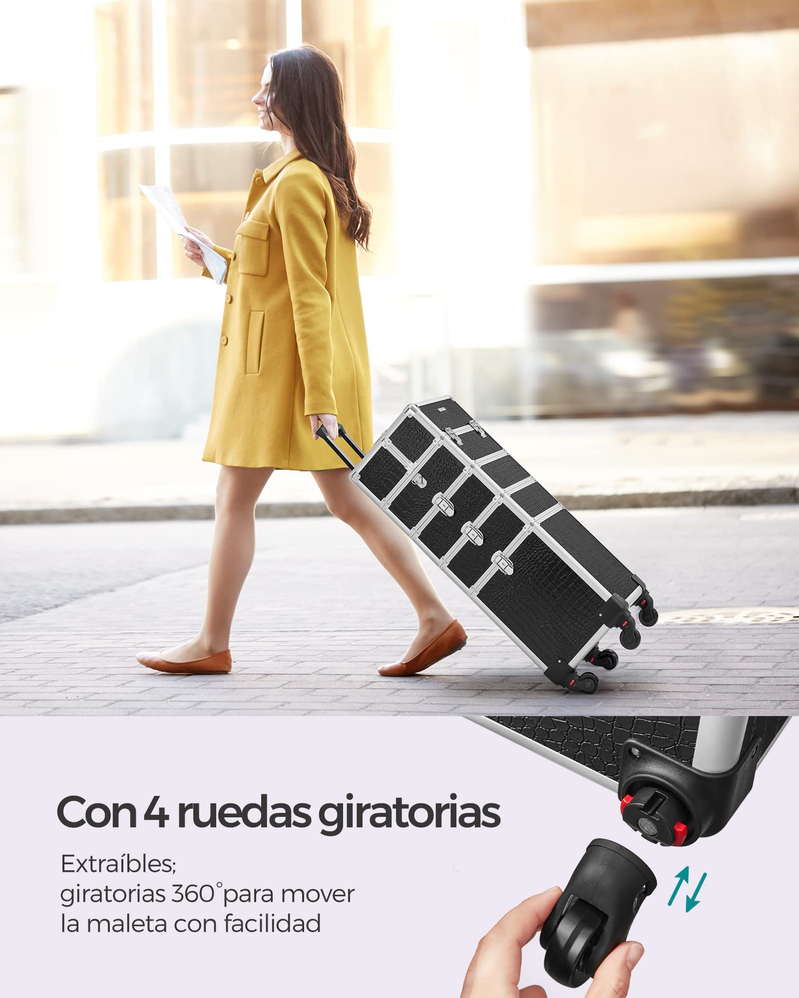 SONGMICS Maleta de Maquillaje Profesional, Maletín para Cosméticos 4 en 1, Extra Grande, Maletín de Peluquería, Con Tapa, 35 x 25 x 79 cm, Cerradura, Ruedas 360°, para Viaje, Regalo, Negro JHZ06B