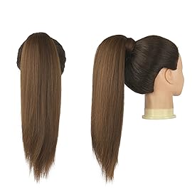 FESHFEN Straight Ponytail Extension 16 inch Natural Long Ponytails Wrap Around Clip in Pony Tail Hair Piece Synthetic Hairpieces for Women, Brown mix Auburn