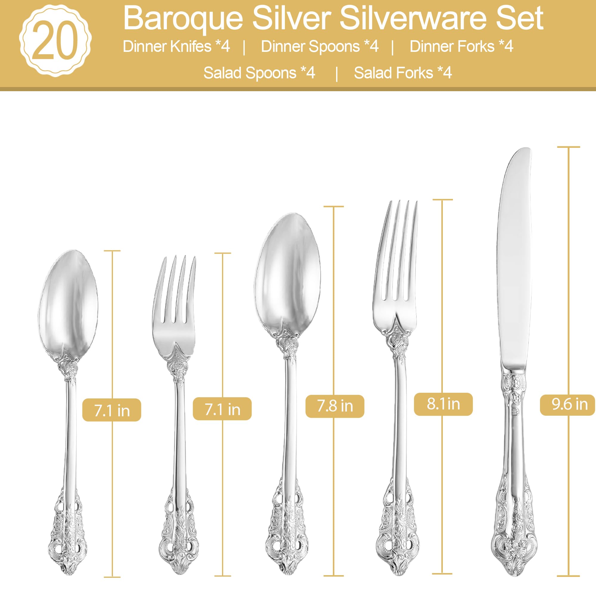 Gorgeous Baroque Srebrny 18/10 Stal nierdzewna 20-elementowy zestaw sztućców, Zestaw sztućców ze stali nierdzewnej odpornej na rdzę, w tym widelec, łyżka i nóż z pudełkiem prezentowym