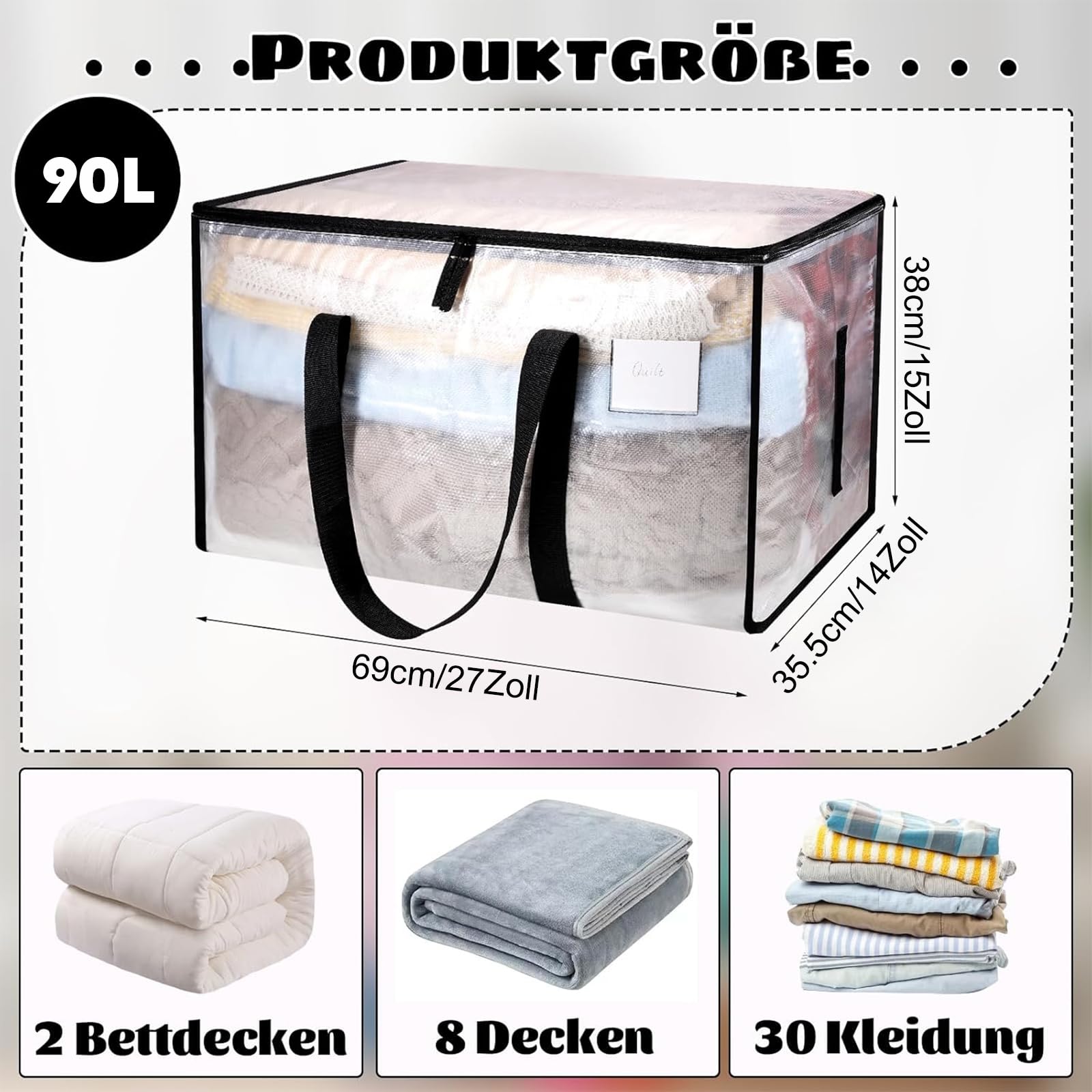 Dntorx Duża torba do przechowywania, 90 l, z pokrywką, przezroczyste kartony, duże z zamkami błyskawicznymi, uchwytami, do przeprowadzki, na kemping, pościel, do przechowywania ubrań, 3 sztuki