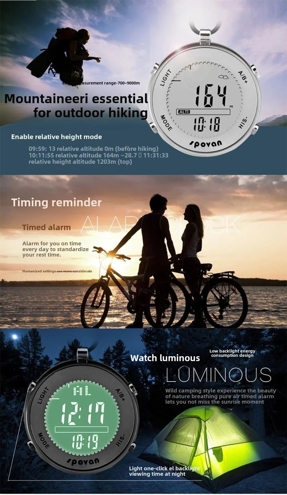 SPV600 - Reloj de bolsillo con barómetro digital, resistente al agua, temporizador para deportes al aire libre, para correr y competición, reloj de pulsera unisex