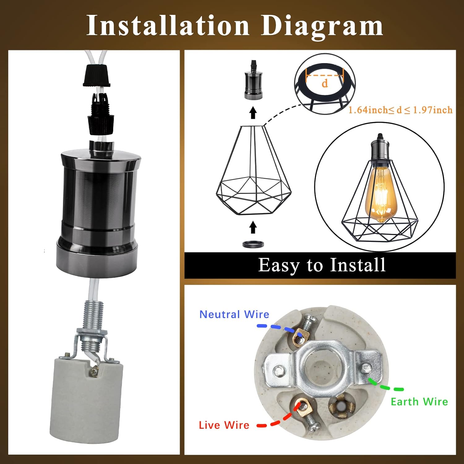 DiCUNO Vintage E26 Lamp Socket, Edison Pendant Light Socket Replacement, Antique Hanging Lamp Holder for Industrial, Decorative, DIY Lighting, Pearl Black, 600℃ Heat Resistant, 6 Pack