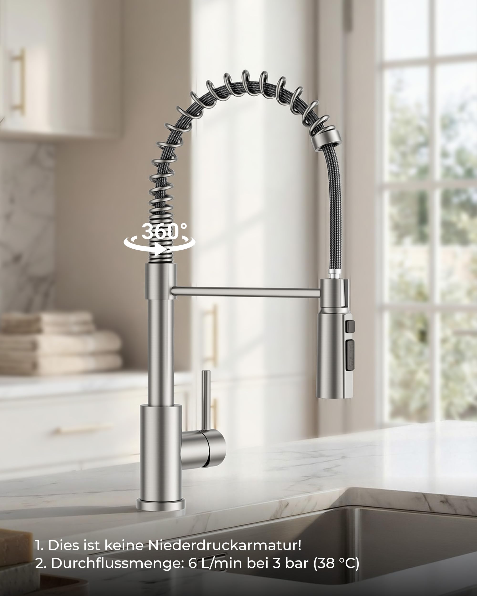 FORIOUS Wasserhahn Küche, Ausziehbare Küchenarmatur, Einhebel-Mischbatterie Küche mit 3 Strahlfunktionen, 360° Drehbare Federbelastete Spültischarmatur, Edelstahl