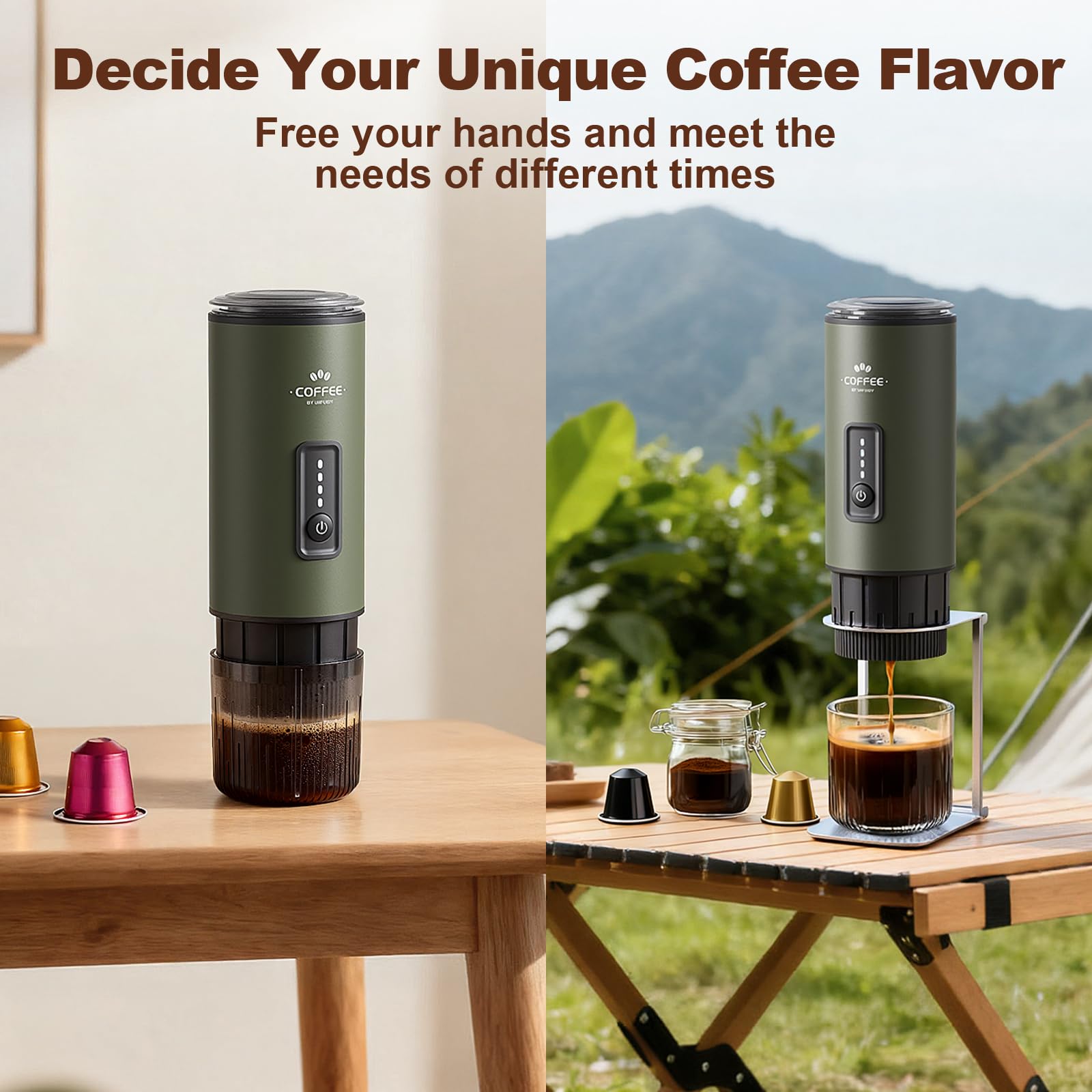 Macchina per caffè espresso portatile, set 3 in 1 con borsa per il trasporto e supporto per caffè, macchina da caffè funziona con caffè macinato e cialde a capsule, birra autoriscaldante con USB-C per