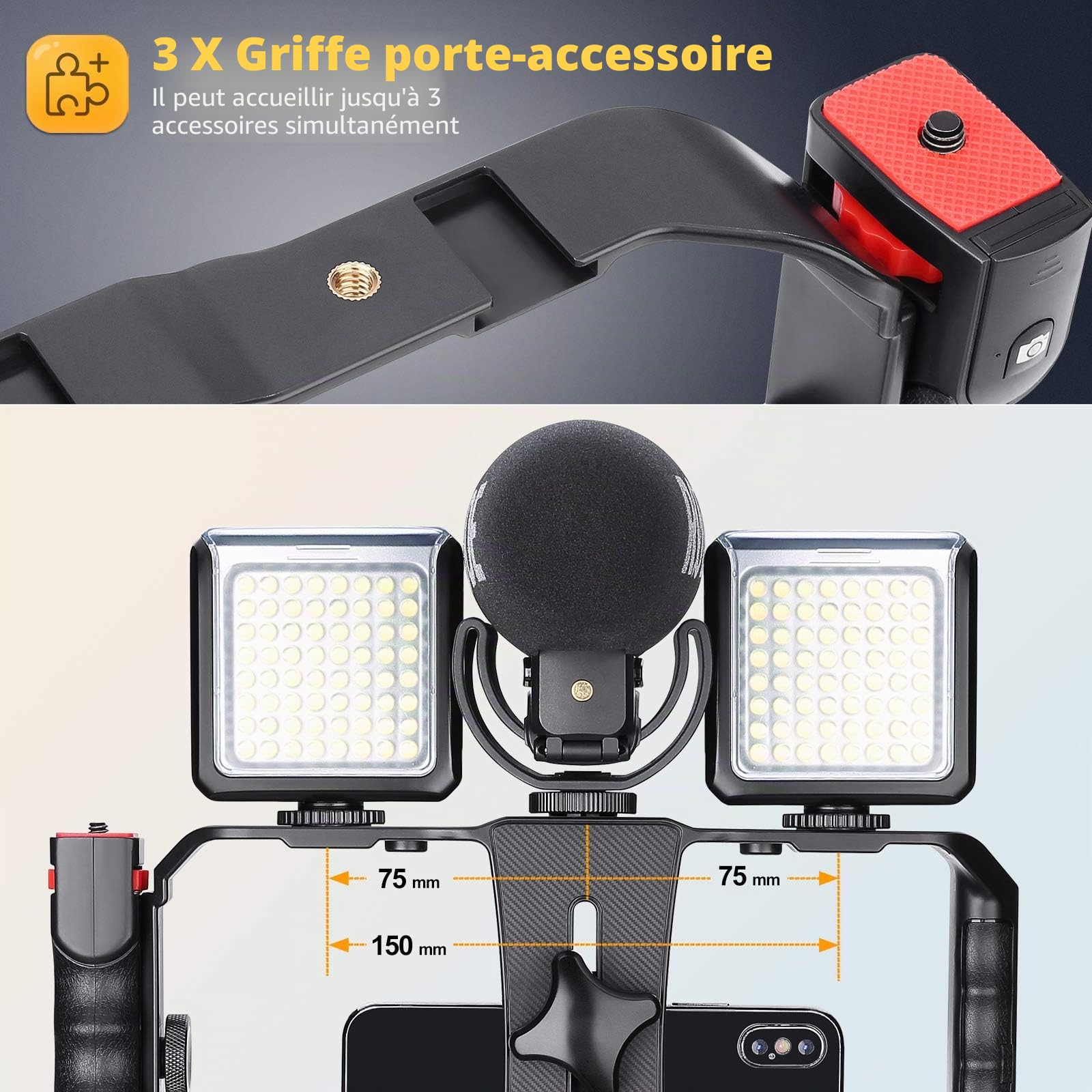 Zeadio Rig Vidéo pour Smartphone, Poignée Stabilisatrice avec Poignée Latérale Amovible,Cage d'Enregistrement Vidéo, Compatible avec Tous Les Smartphones, Vlogging, Réalisation et Streaming en Direct