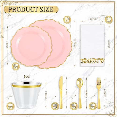 Miniatura 2 de Juego de vajilla de plástico de 700 piezas, 200 platos, 300 cubiertos, 100 tazas, 100 servilletas de papel, 100 platos desechables de fiesta,