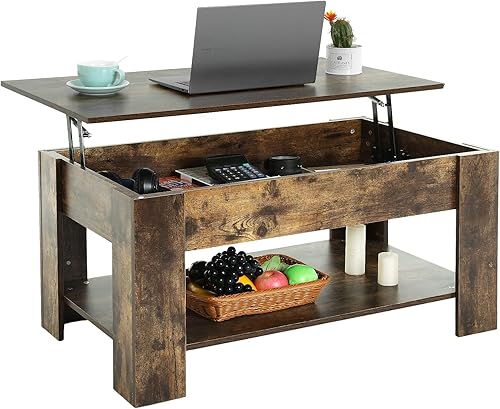 PayLessHere Mesa auxiliar elevable con compartimento oculto y estante de almacenamiento, mesa de comedor de madera para sala de estar y hogar