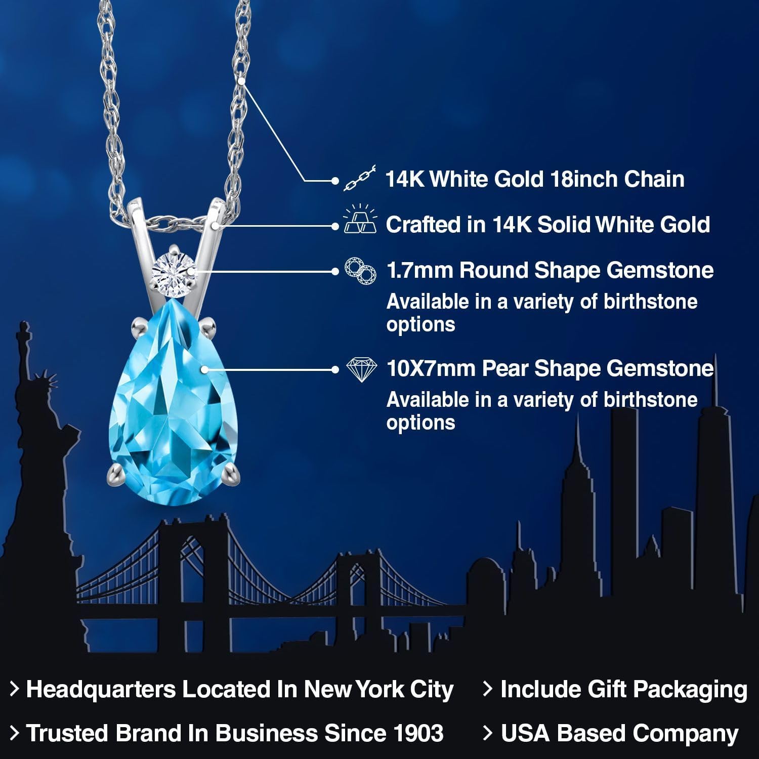 Gem Stone King 14K White Gold Swiss Blue Topaz and White Moissanite Pendant Necklace for Women | 2.31 Cttw | Gemstone November Birthstone | Pear Shape 10X7MM | With 18 Inch Chain - Image 2