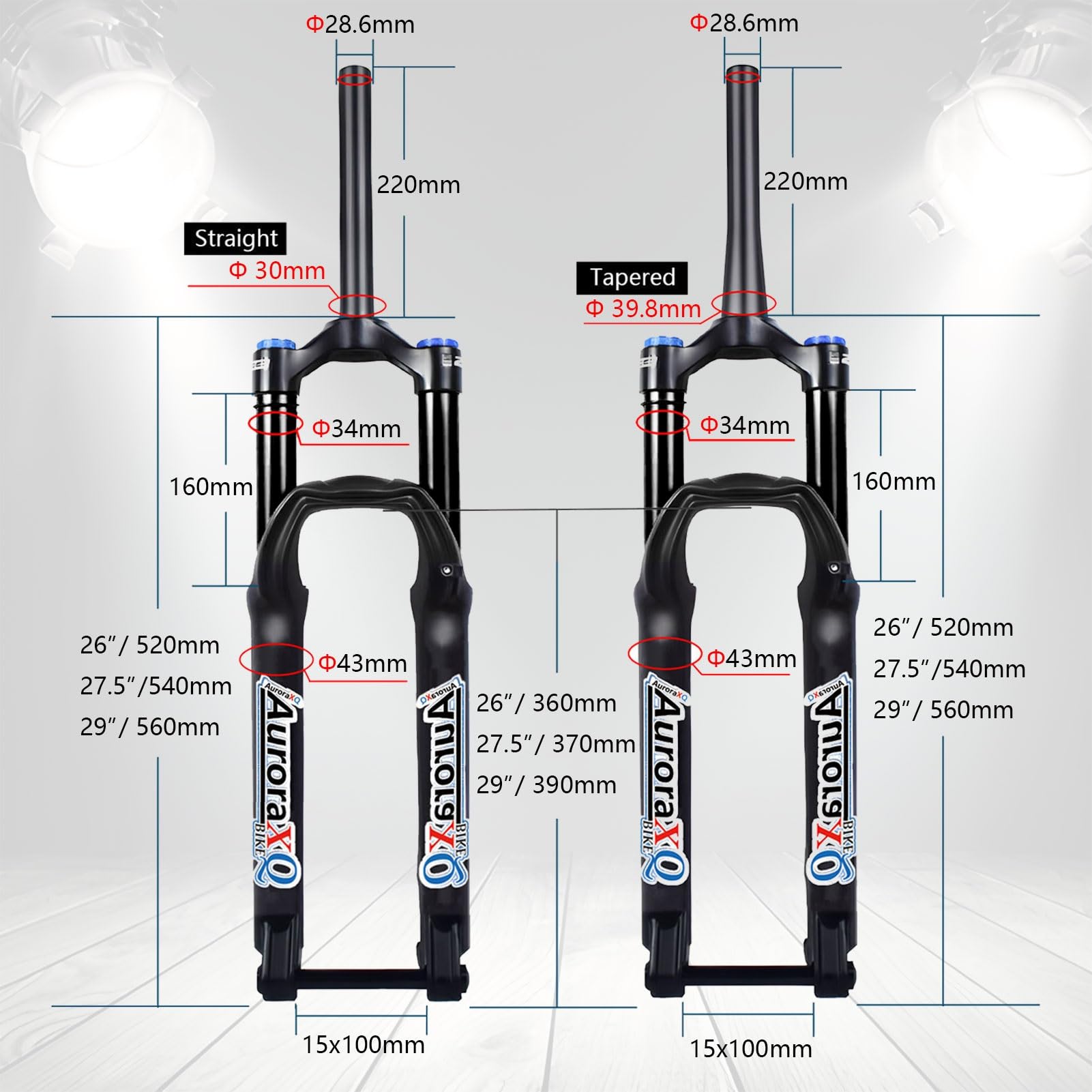 AuroraXQ Horquilla de Bicicleta de Montaña de 26/27,5/29 Pulgadas con Eje Pasante de 15x100mm, Viaje de 160mm y Suspensión Recta/cónica de Aleación de Aluminio de 1-1/8" for Bicicletas de MTB/XC/Trail