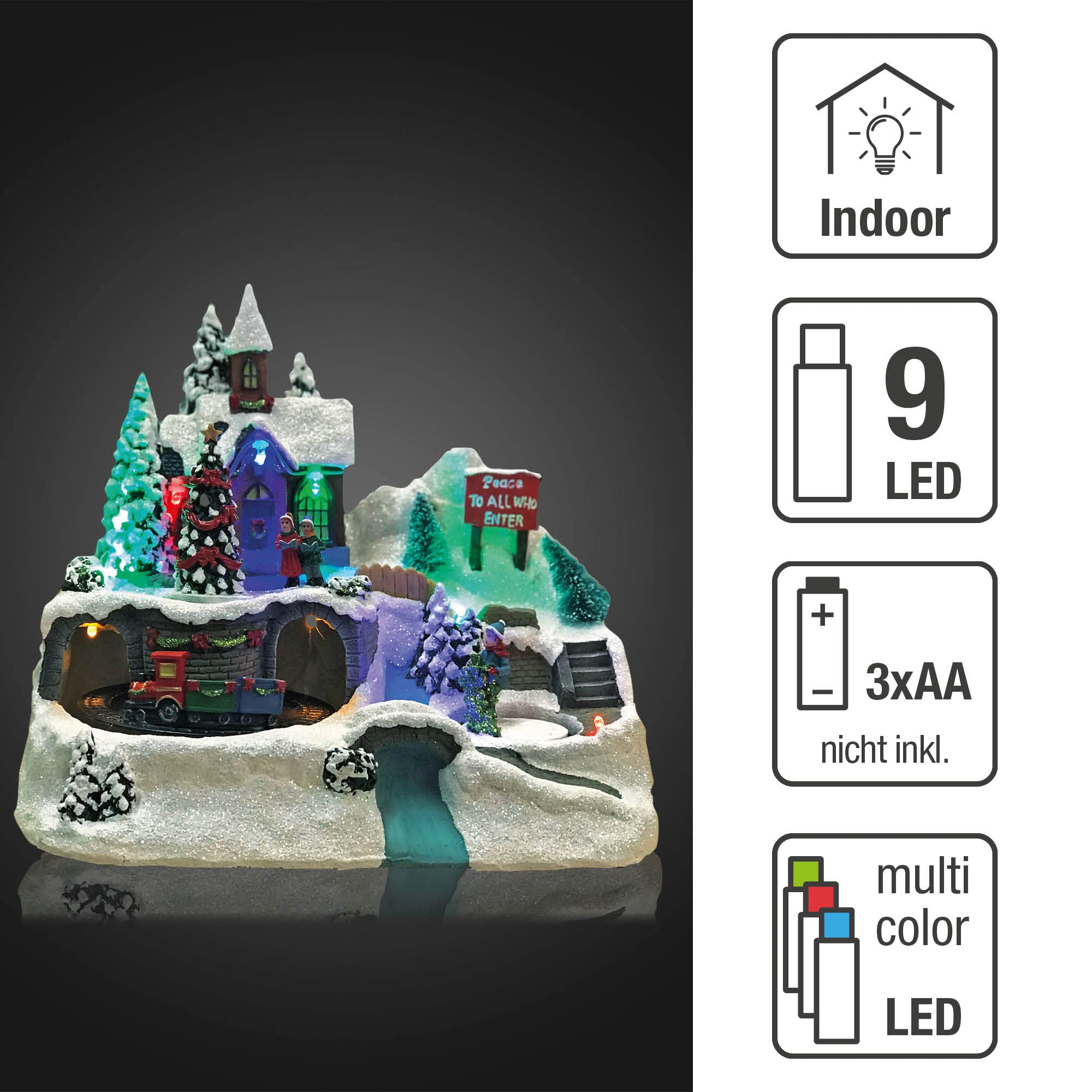 Hellum LED Weihnachtsdorf mit fahrendem Zug, Bergdorfszene im Fiberoptikstil, Weihnachtsdeko innen batteriebetrieben mit bunte Beleuchtung 3xAA 22x14x19cm 524390