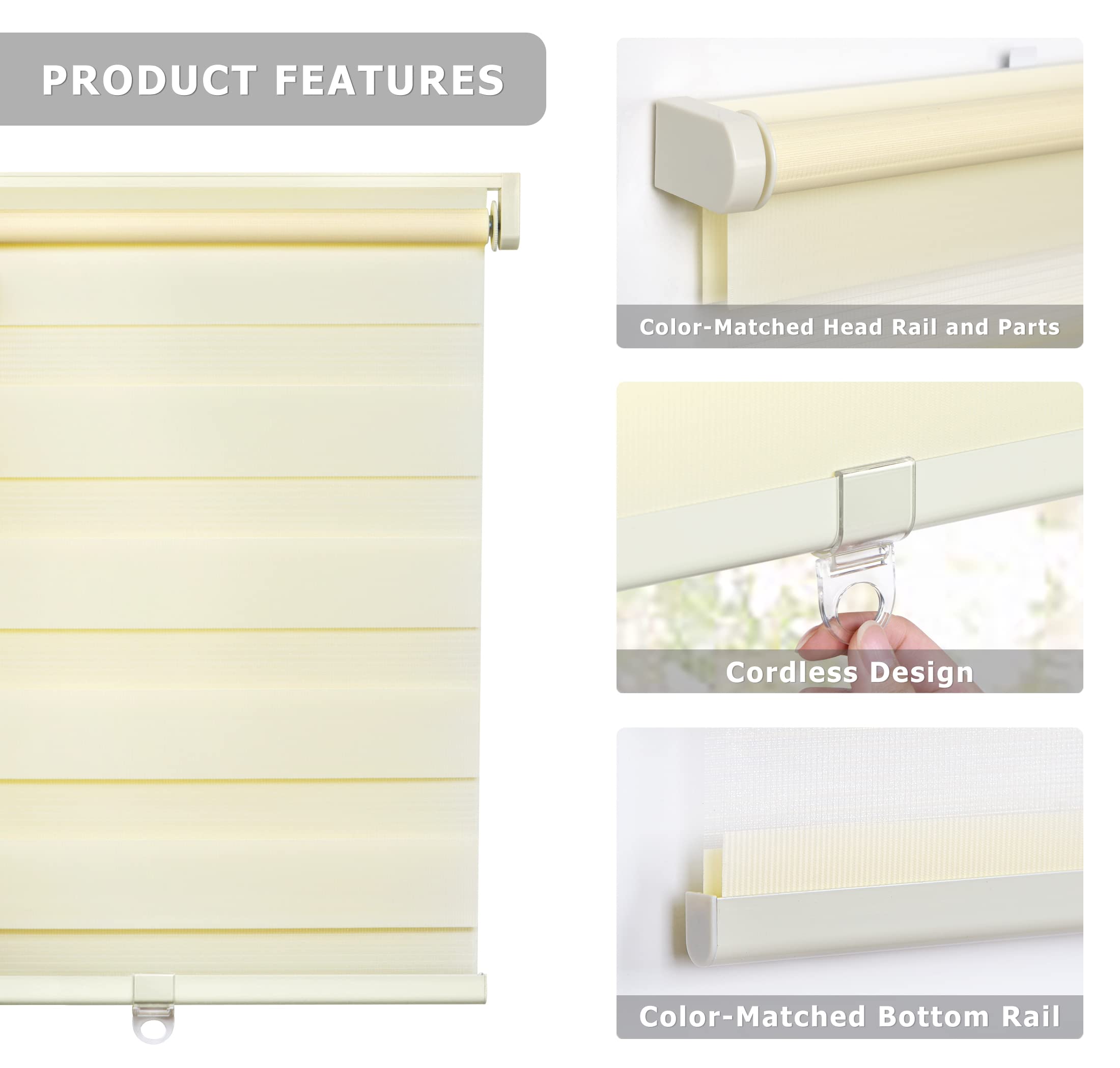 LazBlinds No Tools No Drill Cordless Polyester Dual Layer Zebra Roller Blinds, Light Filtering Sheer Shades Horizontal Window Blinds for Windows Size 42'' W x 72'' H, Cream