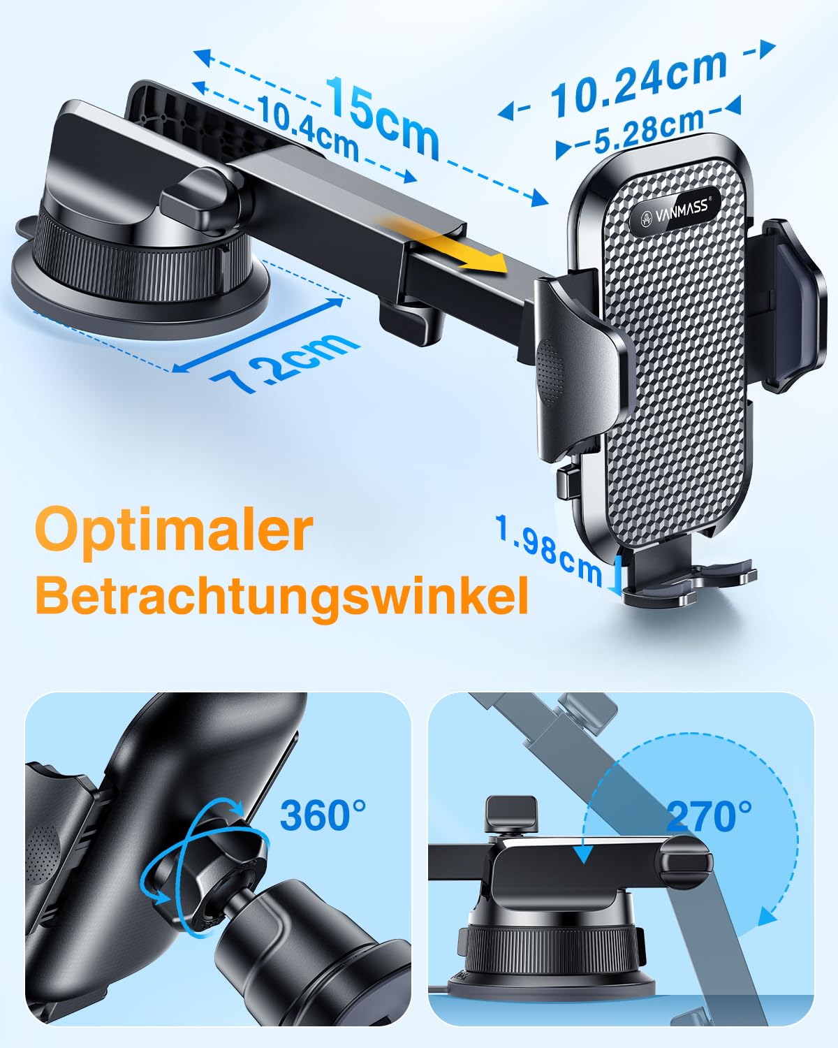 VANMASS 2026 Militärische Handyhalterung Auto Upgrade【Stärkste Saugnapf & Lüftungshaken 】4 in 1 Smartphone Auto Handyhalter 360°drehbar Autohalter auf Armaturenbrett Scheibe für iPhone Samsung,Schwarz