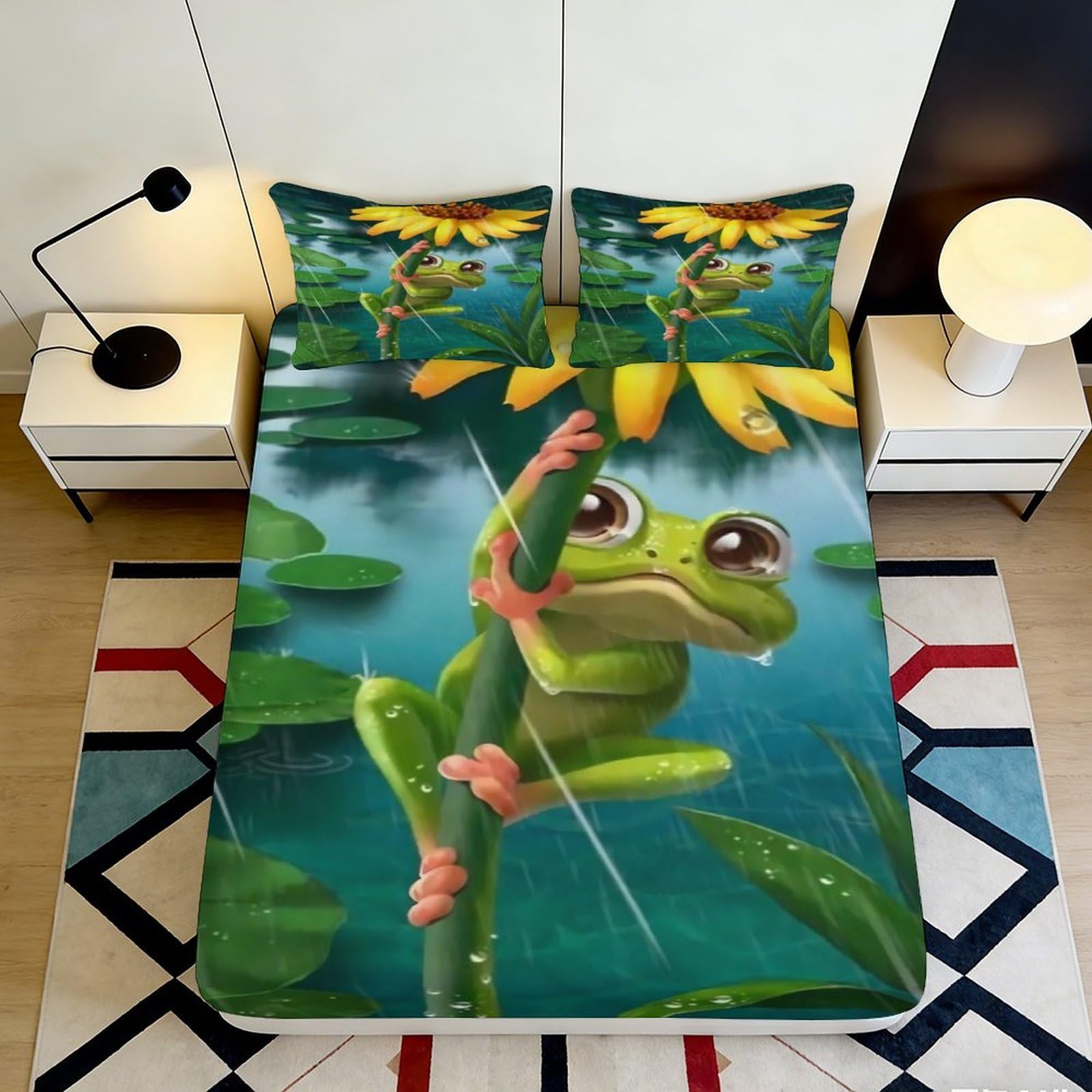 3D Printed Frog Rain Lily Fitted Sheet Microfiber Non-slip Mattress Cover, Machine Washable Bedroom Decor 120x200x25cm