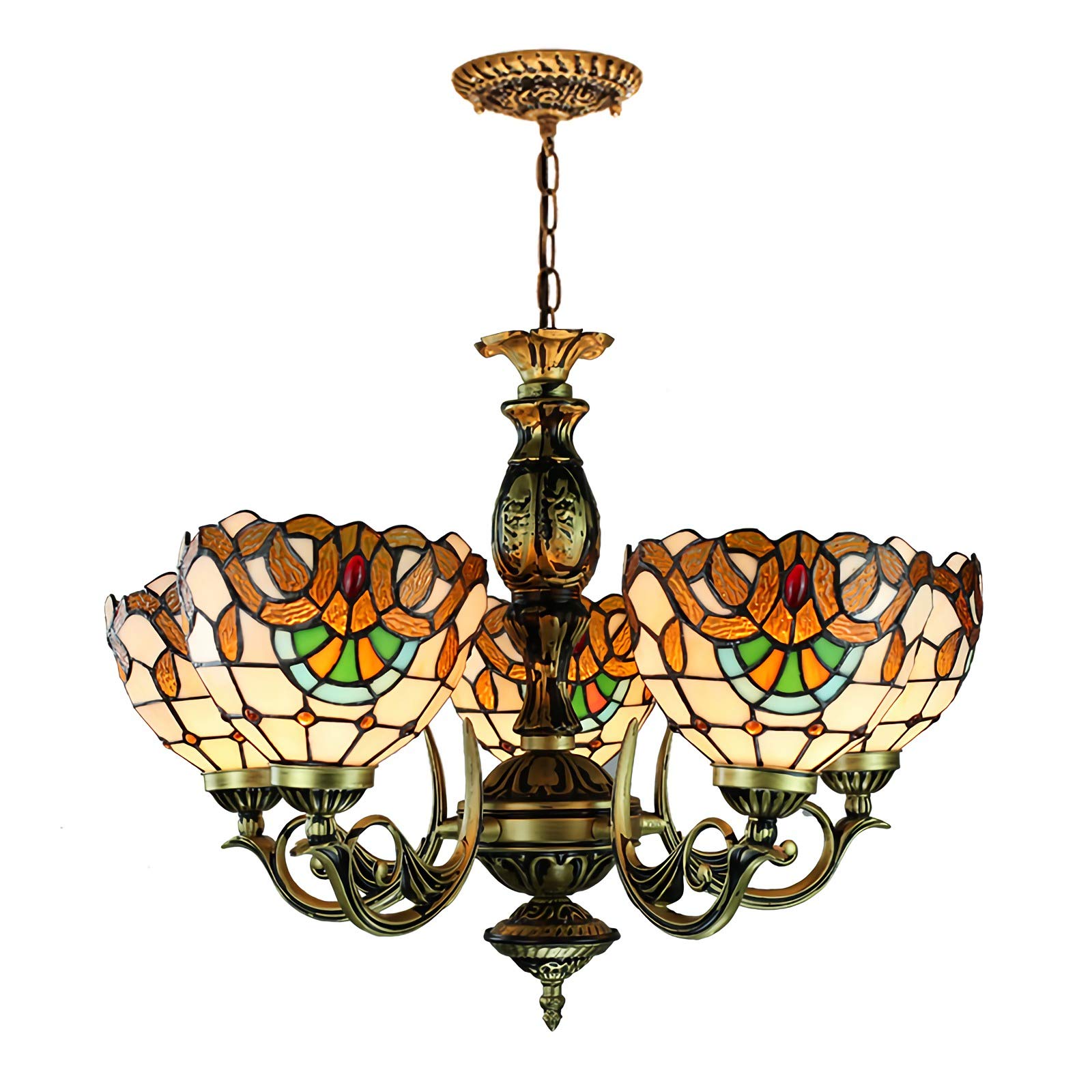 Wdbztj Light Tiffany Style Baroque Chandeliers, Vintage Stained Glass Ceiling Pendant 5 S, Victorian Style Hanging Lamp For Living Room Bedroom Dining Room Kitchen [Energy Class A ++]