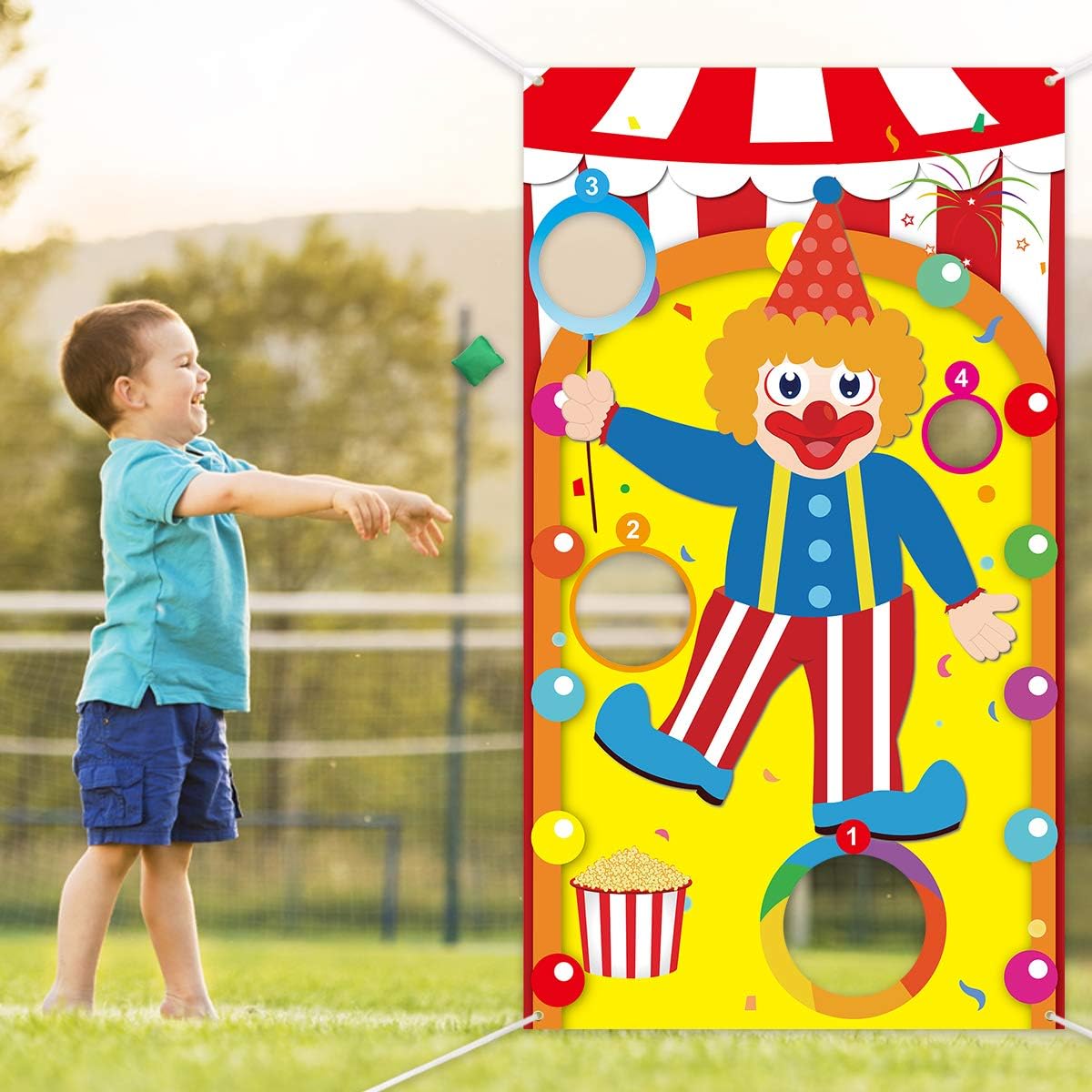 FANCY LAND Carnival Toss Game with 3 Bean Bags Clown Banner Circus Carnival Party Game Activities for Kids