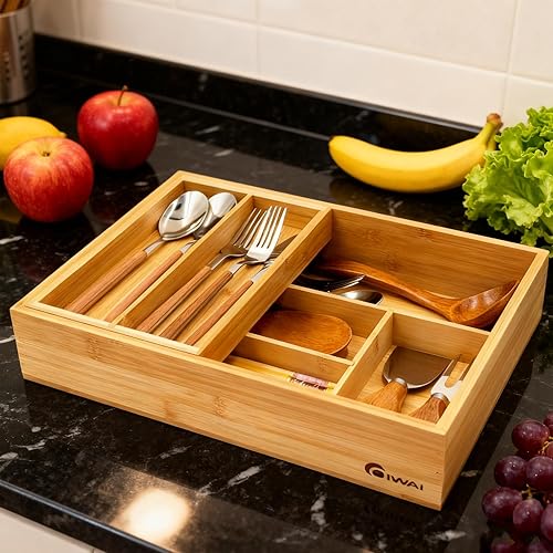 Miniatura 4 de Organizador de cajones de bambú de doble capa, organizador de utensilios de cocina, bandeja de cubiertos, bandeja de utensilios extraíble, con
