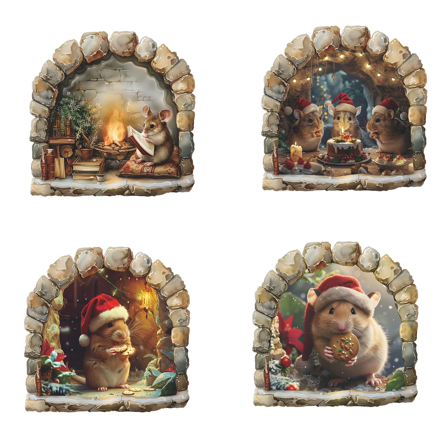 4 Sheets Christmas Realistic 3D Mouse Hole Wall Decals Cute Mouse in Hole Wall Stickers Removable Funny Mouse Hole Wall Stickers for Wall,Home,Kids Room, Living Room, Bedroom,Nursery Decor