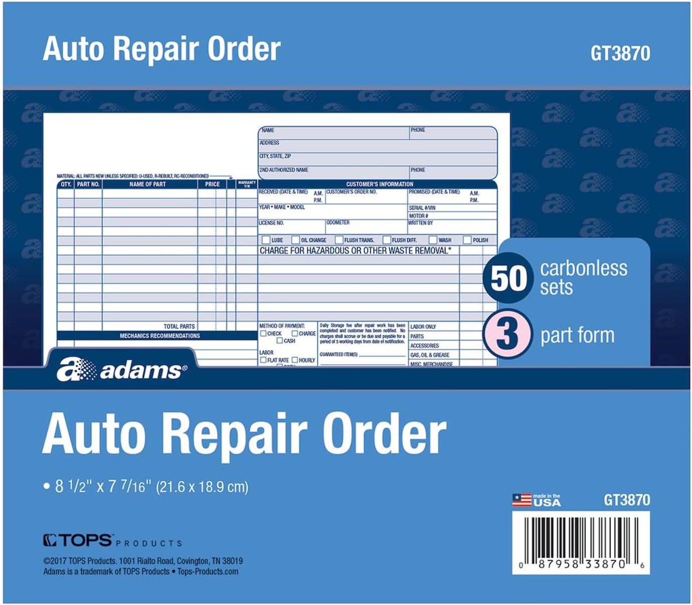 Adams Auto Repair Order Forms, 8.5 x 7.44 Inch, 3-Part, Carbonless, 50-Pack, White and Canary (GT3870)