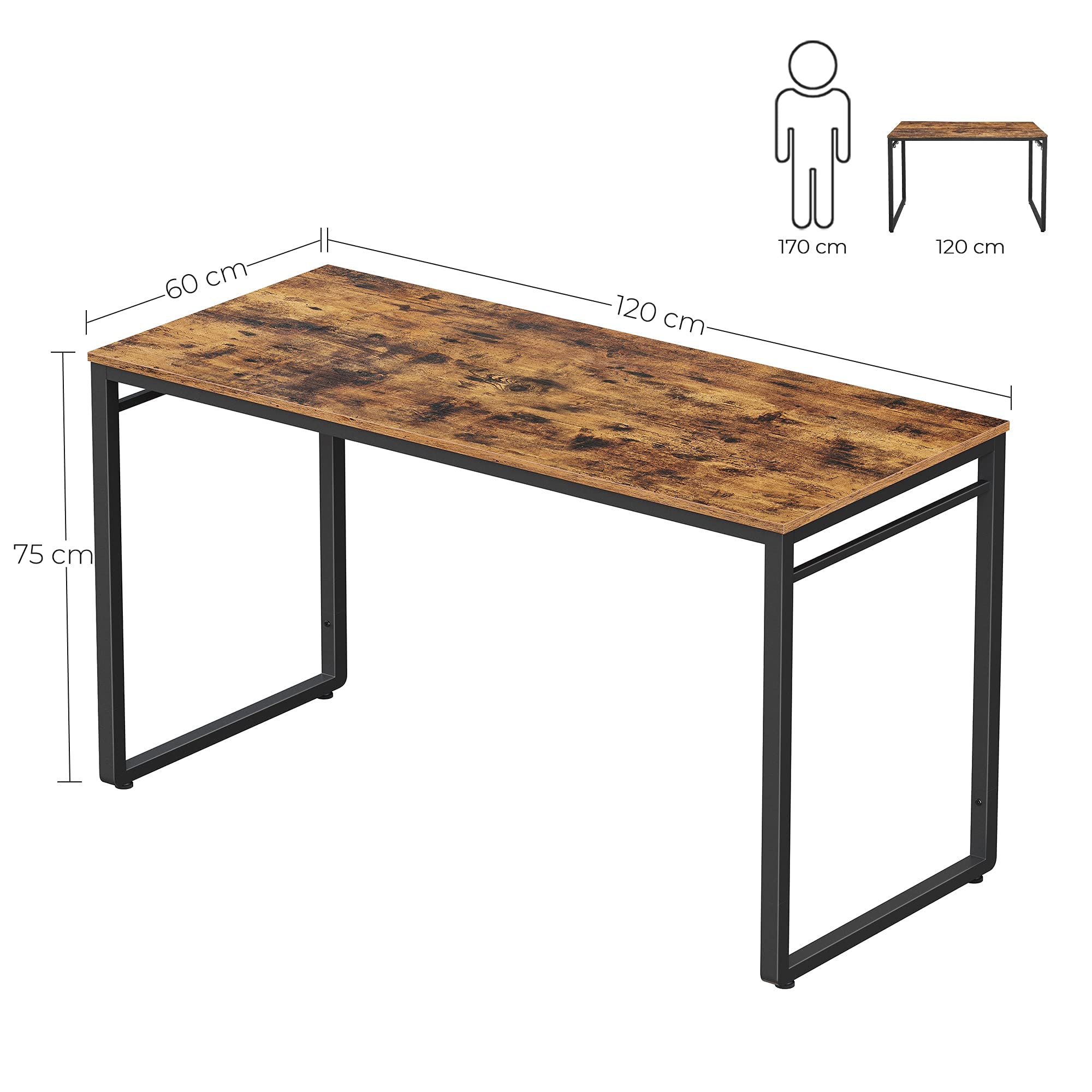 Vasagle bureau, table, poste de travail, 120 x 60 x 75 cm, pour bureau,  salon, chambre, assemblage simple, métal, style industriel, marron rustique  et noir lwd039b01 120 x 60 x 75 cm - Conforama