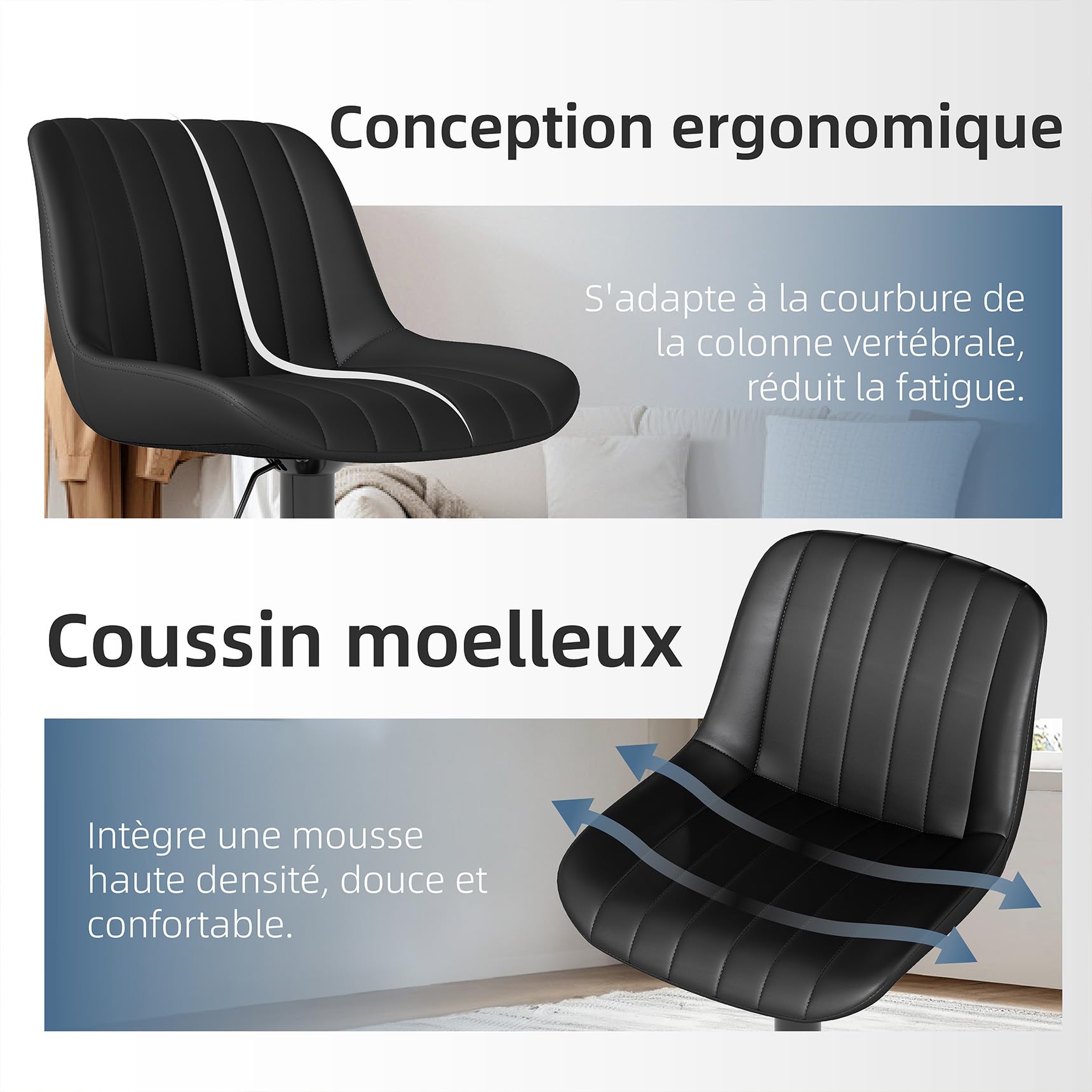 Youhauchair Tabouret Bar, Tabouret de Bar Lot de 3, Chaise de Bar Pivotants avec Dossier, Tabourets de Bar Réglable en Cuir PU, Chaise Haute Bar Moderne, Noir