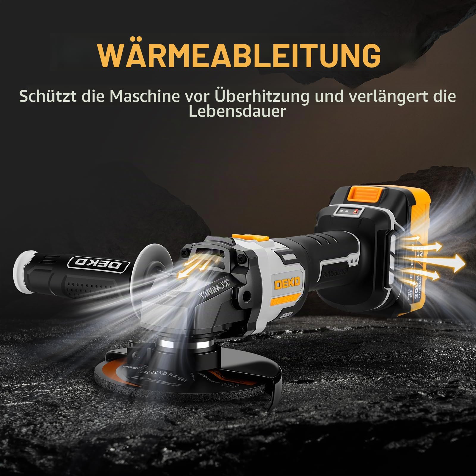 Akku-Winkelschleifer 20V Ø 125mm: DEKOPRO Schleifer mit 4.0Ah Akku, bürstenloser Motor, 8500RPM – inkl. 2 Schleif-, 1 Trennscheiben, 2 Schutzhauben, Akku & Ladegerät für Trennen Schleifen Polieren