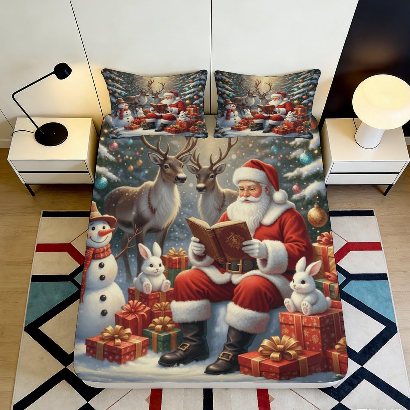 3D Printed Christmas Santa Reindeer Fitted Sheet Microfiber Festive Snowman Bed Cover for Bedroom Decor Gift 90x200x25cm