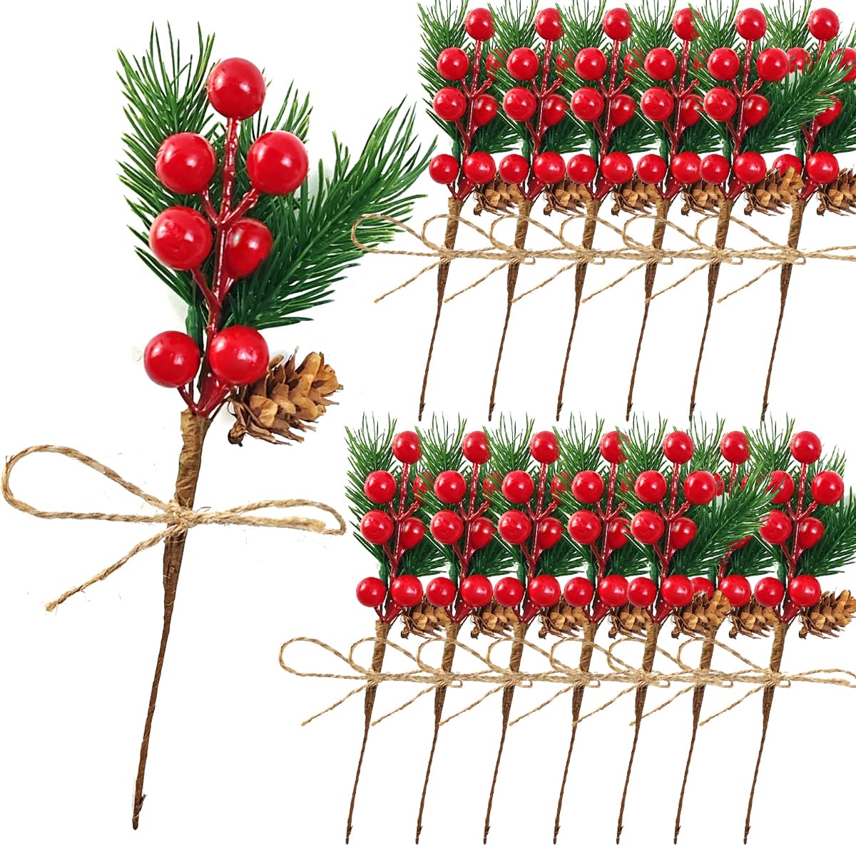 TIHOOD 20,3 cm große Tannenzapfen, rote Beeren, Stiele, Basteln, Zweig, Weihnachtskranz, Stechpalme, künstliche immergrüne Zweige, winzige Tannenzapfen, Dekoration, Blumenplektren für