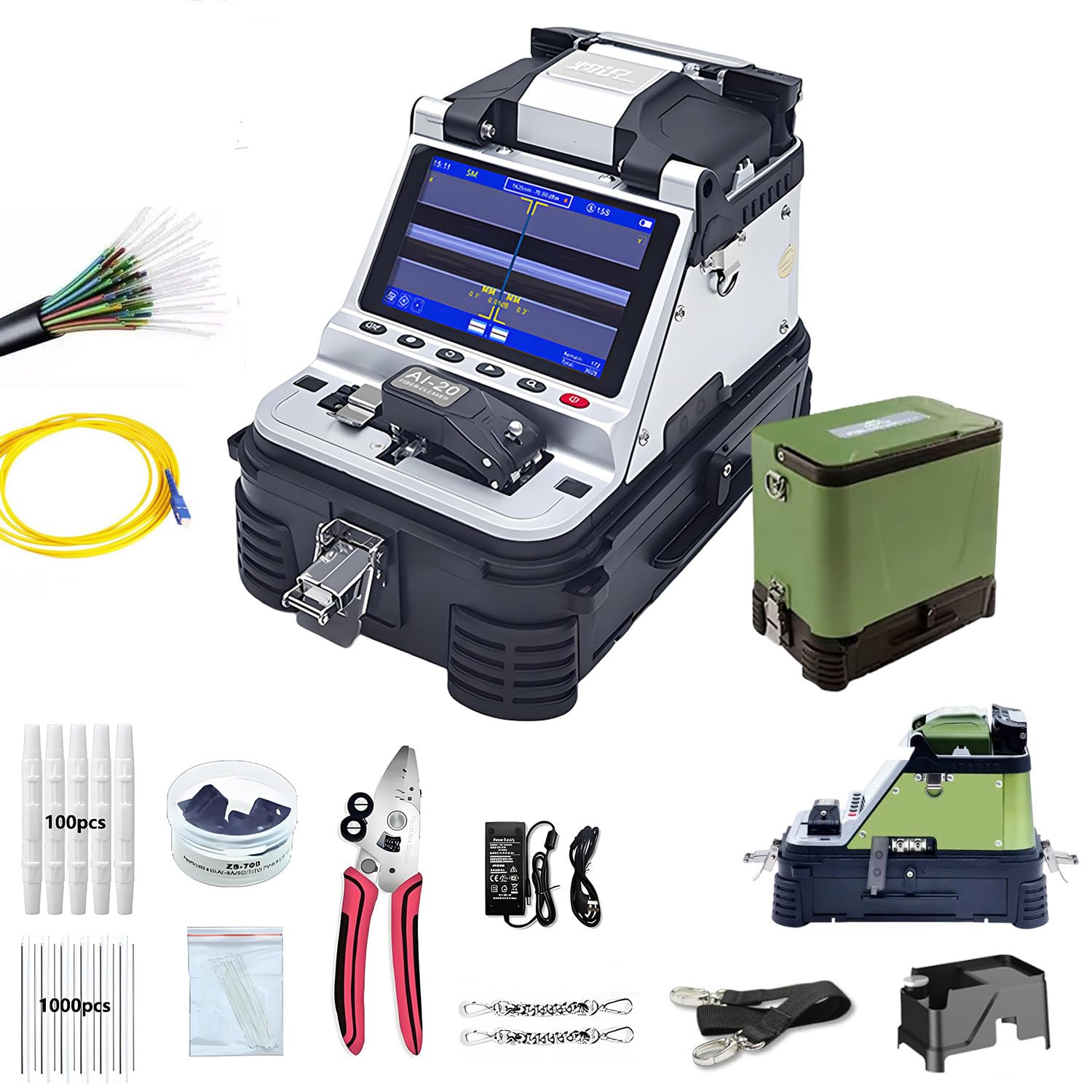 Fusionadora de fibra optica FTTH kit fusionadora fibra optica con cortadora electrica OPM VFL,alineacion de nucleo 6 motores 0,05μm/0,1μm,herramienta fibra optica para instalacion telecom campo Al-20