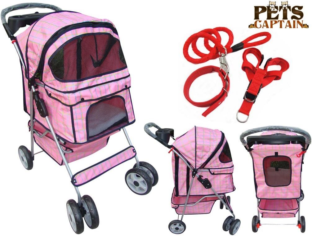 PetsCaptain Deluxe Pet Stroller Cat & Dog 4 Wheels Folding Travel Carrier Carriage with Leash, Harness, and Collar Bundle, Red Grid,…