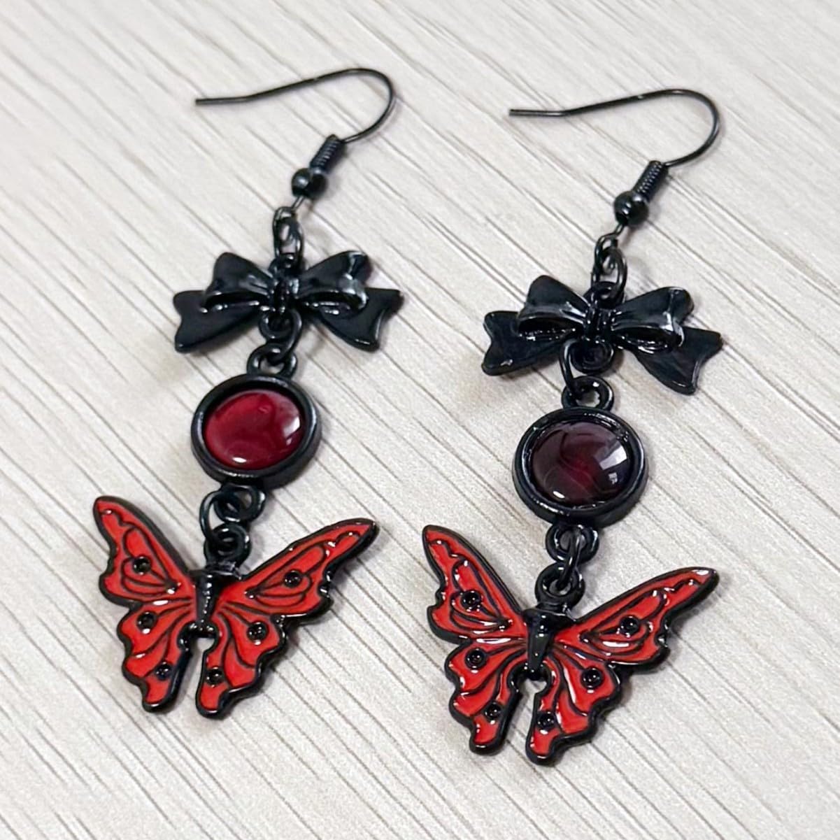 Gothic Butterfly Necklace Earring Set for Women Vintage Blood Red Crystal Butterfly Pendant Necklace Dark Style Butterfly Drop Dangle Earrings Goth Mystery Costume Accessories Halloween Horror Cute Insect Jewelry - Image 5