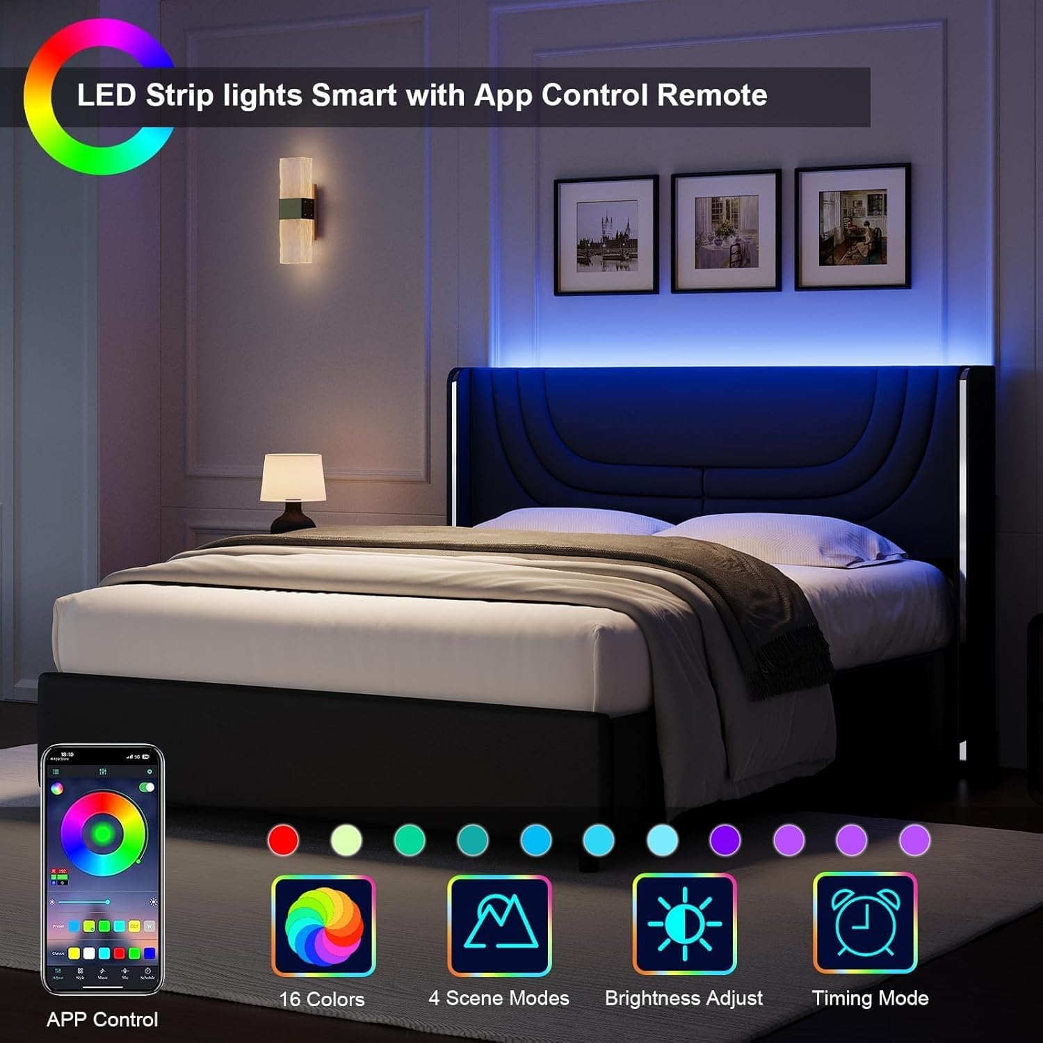 Queen Bed Frame with LED Lights, Faux Leather Upholstered Platform with Silver Wingback Headboard, Modern Style, No Box Spring Needed, Easy Assembly, Black