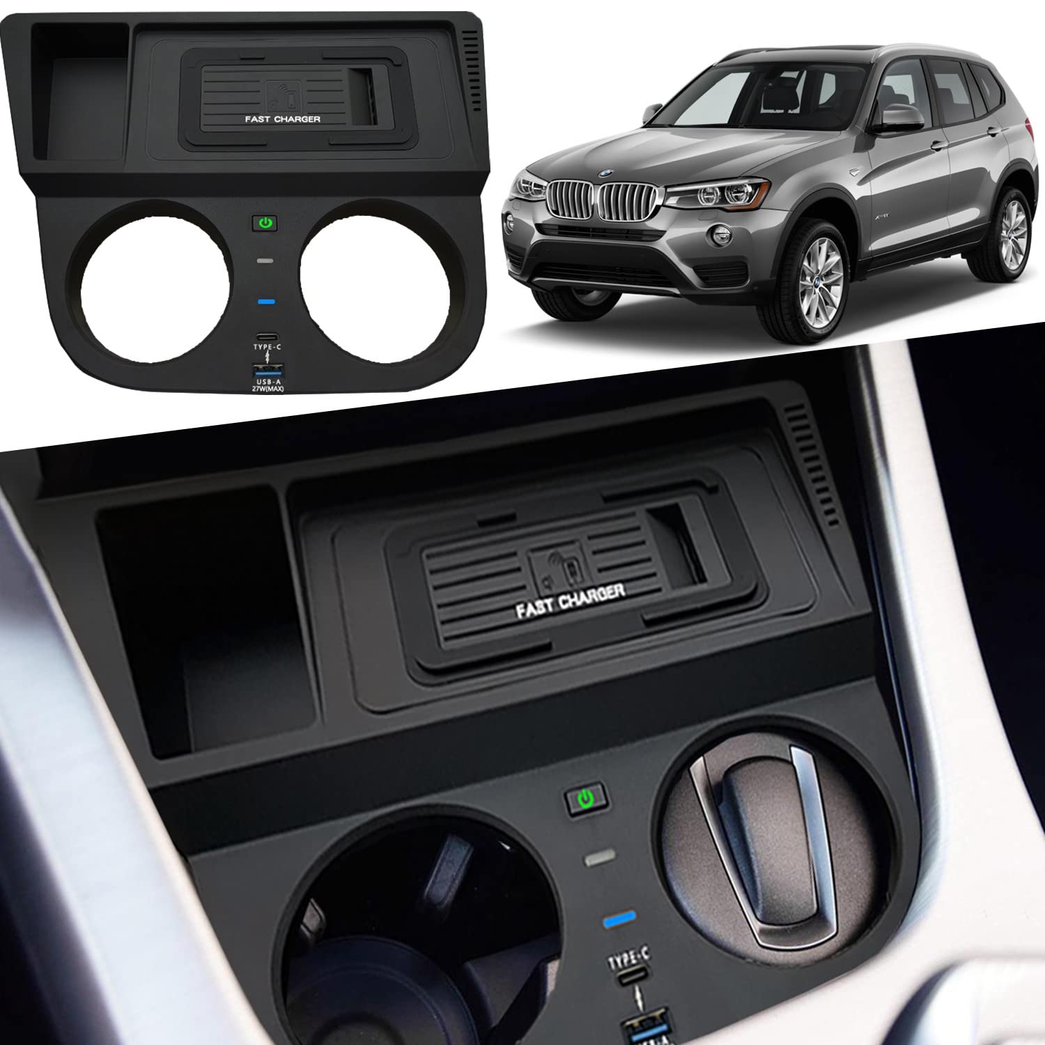 Caricatore Wireless Auto per BMW X3/X4 2014 2015 2016 2017 Consolle Centrale Accessorio, 15W Qi Rapida Ricarica Telefono Pad per BMW X3/X4 F25 F26 2014-2017, Regalo per BMW X3/X4 Proprietari
