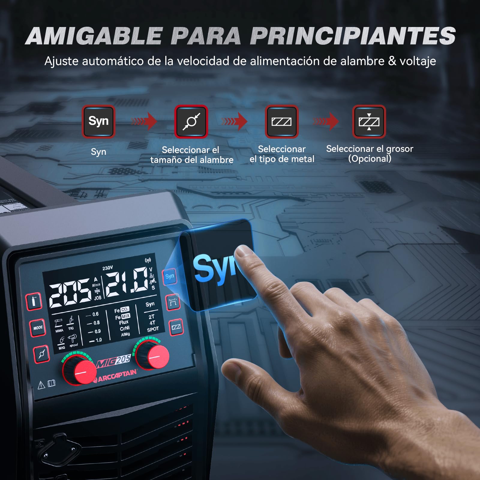ARCCAPTAIN 205A Soldador Maquina de Soldar 6 en 1 con control APP iControl Sin Gas MIG/Gas MIG/MMA E-Hand/Lift TIG/Compatible con Spool Gun/Soldadura por puntos, Soldador Inverter IGBT 230V