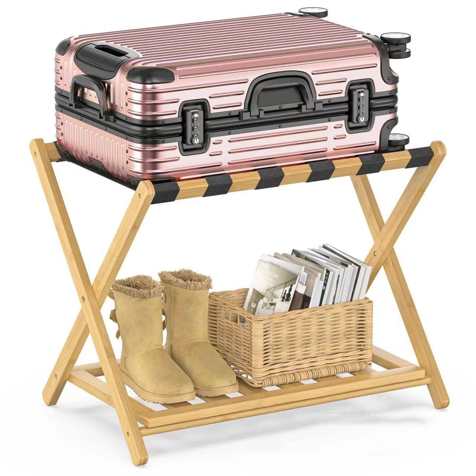 Soporte para Maletas de bambú - Estante para Maletas de 2 Niveles con Estante para Zapatos, Organizador de Almacenamiento portátil para Equipaje para Mochila, 68x45x55cm
