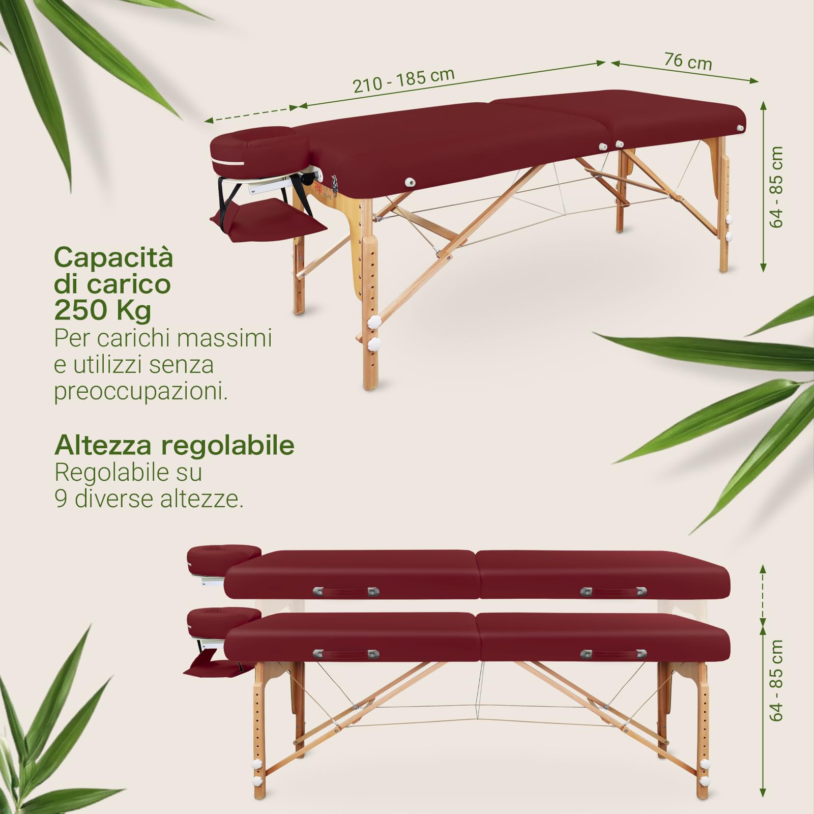ZEN - Lettino massaggio Round Corner mobile pieghevole®olabile - Tavolino massaggio in legno angoli rotondi per massaggi attivi - Panchina massaggi con poggiatesta, braccioli e borsa (bordeaux)