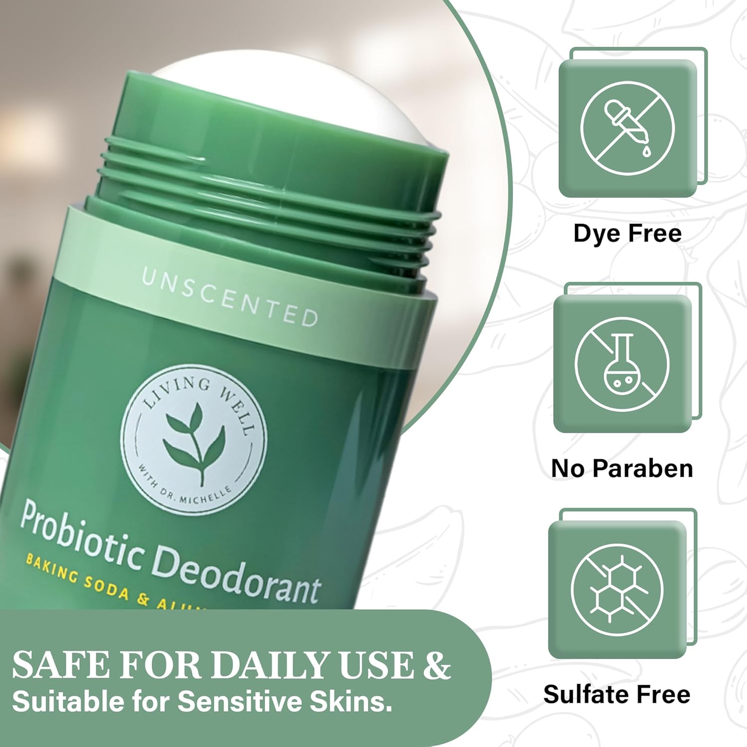 Living Well with Dr. Michelle Natural Probiotic Deodorant Stick | Aluminum-Free, Baking Soda-Free | Unscented & Gentle for Sensitive Skin | Long-Lasting Odor Protection for Men & Women - Image 6
