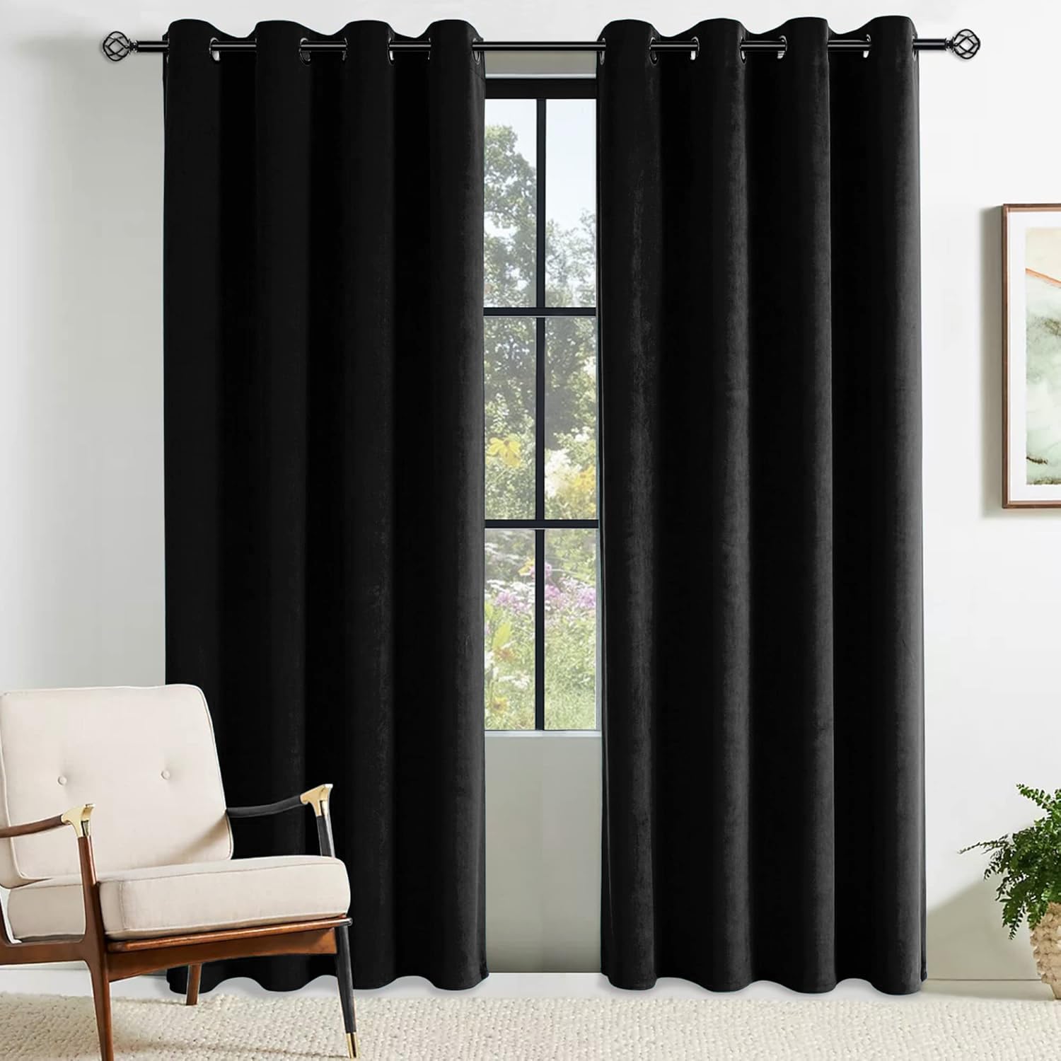 CUCRAF Blackout Curtains for Bedroom Velvet Black 2 Panels W 46" x L 54" Ring Top Eyelet Soundproof Curtain Kidsroom and Living Room Thermal Insulated