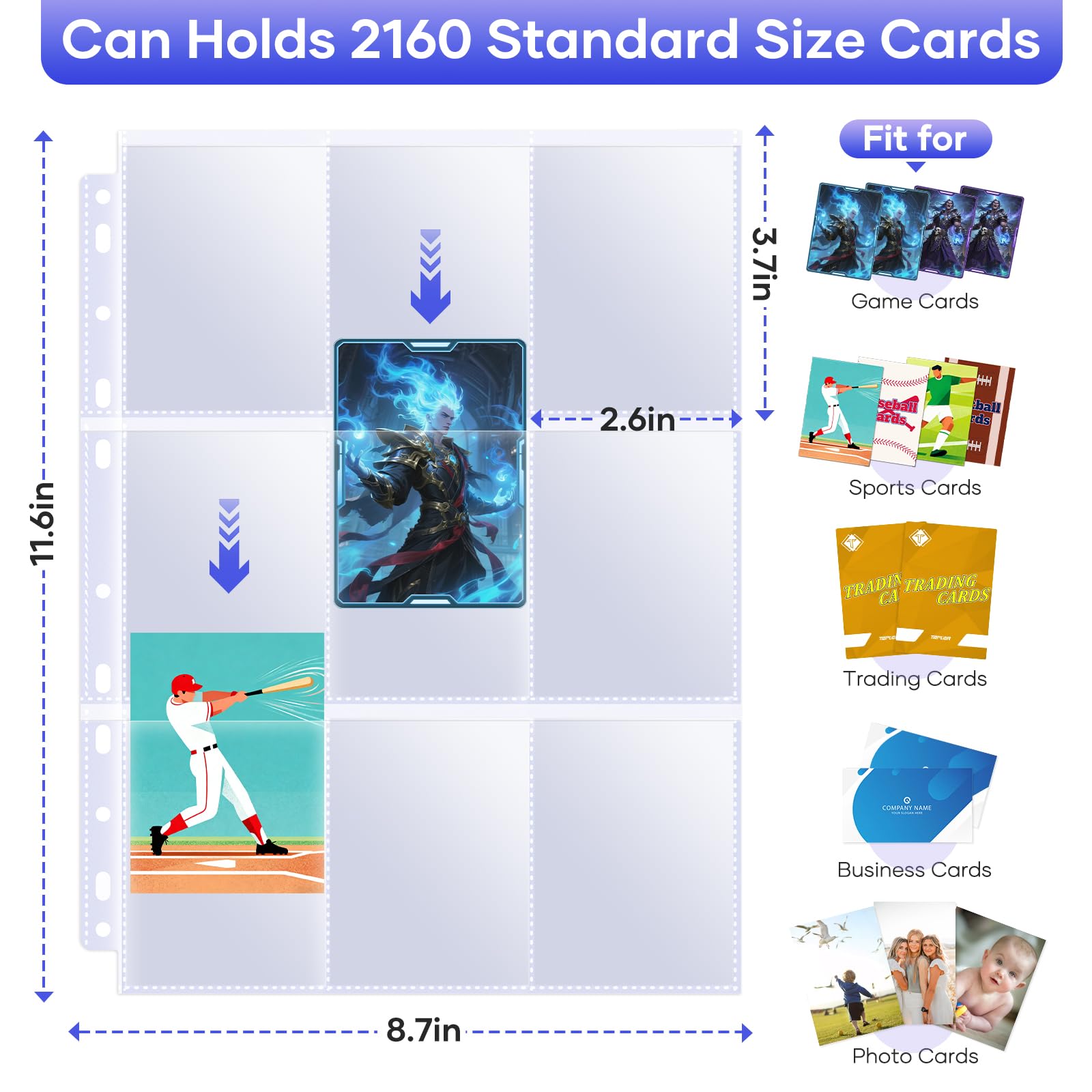Amazon.com: Tioplior 120 Pack 9 Pocket Double Side Card Sleeves Binder  Sheets Holds 2160 Cards,Trading Card Binder Sleeves for 3 Ring Binder, Card  Sleeve Pages fit for Baseball, Football, Business, Cards :