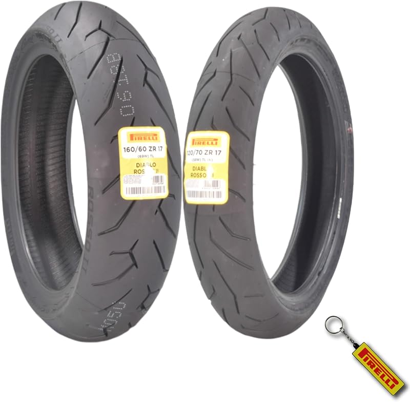 Diablo Rosso II Motorcycle Tire Set 120/70 ZR17 & 160/60 ZR17 | Complete tire set: 120/70 ZR 17 front, 160/60 ZR 17 rear. Sport performance for road use. Includes keychain.