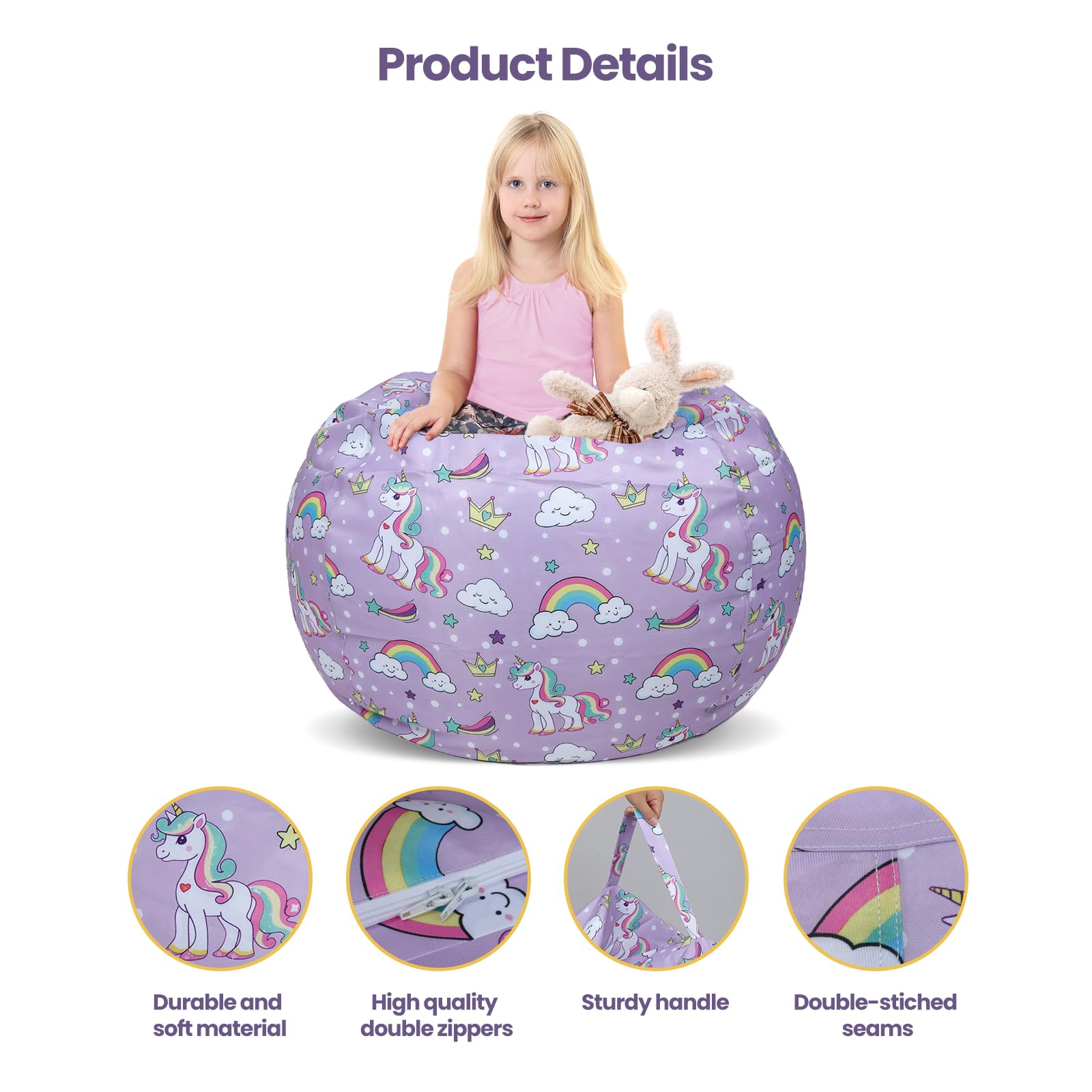 Decalsweet Unicorn Rainbow Kids Bean Bag Chair-Cover Only-Large Stuffed Animal Storage Bean Bag for Girls Boys Indoor Outdoor (No Filling) - Image 4