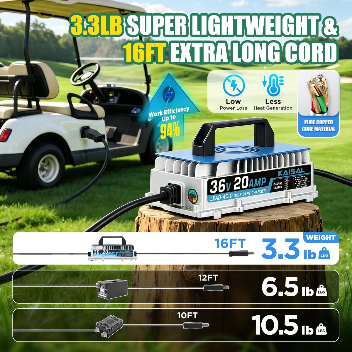 36 Volt 20 AMP Golf Cart Battery Charger for Club Car & EZGO & Yamaha with Crowfoot Plug, IP67 Waterproof 36V Golf Cart Charger 16FT Cable Trickle Charger for Lead-Acid Battery